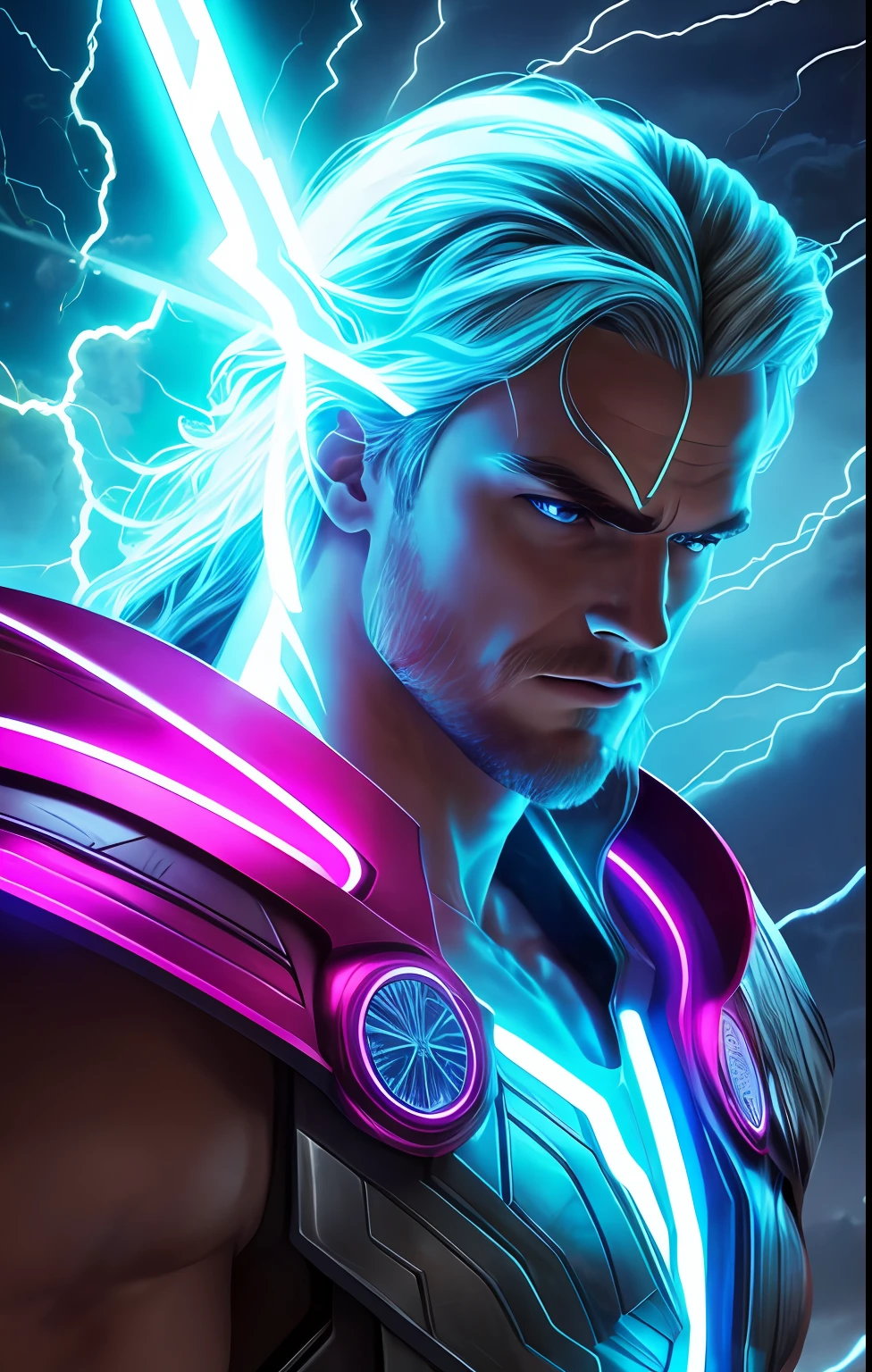 (neon lightning around the head:1.1), monumento, (head close-up), epic scene of thor ,lightning, foco nítido, fantasia, arte conceitual, dynamic  lighting, Epic composition, estilo Michelangelo