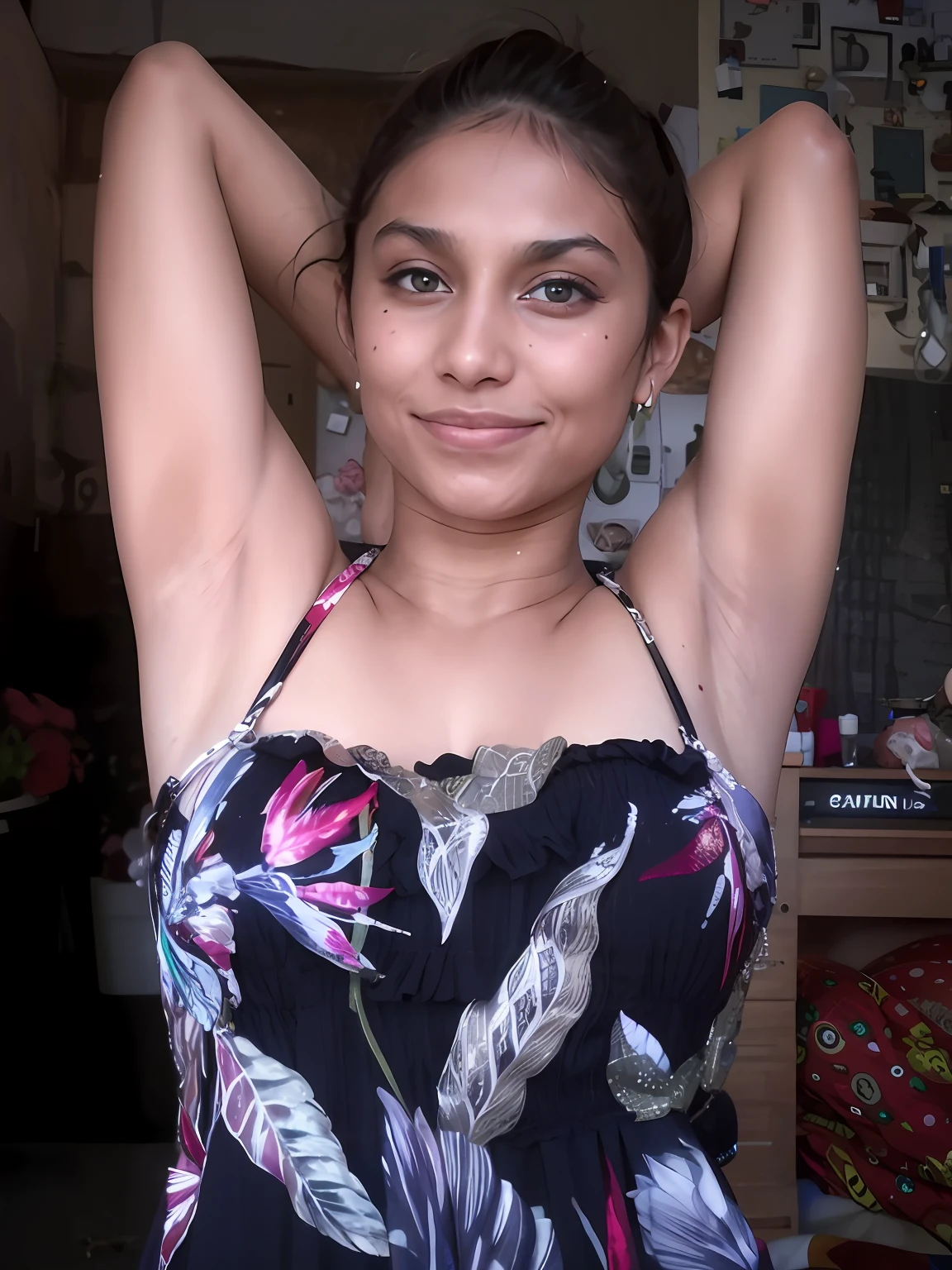 there is a woman that is posing for a picture in a dress, armpit, around 19 years old, hairy arms, with arms bare, indian girl with brown skin, with arms up, around 20 yo, she is about 20 years old, she is about 20 years old, she is about , sweaty skin!!