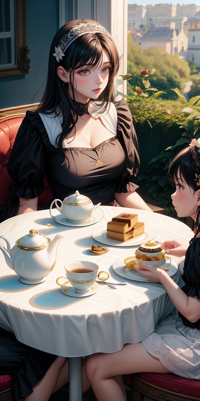 realista, Mother with daughter, fami, Afternoon tea, Mother with black hair, Olhos vermelhos, filha ruiva, Sitting at the table, Tea, biscoitos, vestidos formais, Ternos finos, porcelna, flores decorativas, ensolarado, varanda, Tomado, castelo, jardim