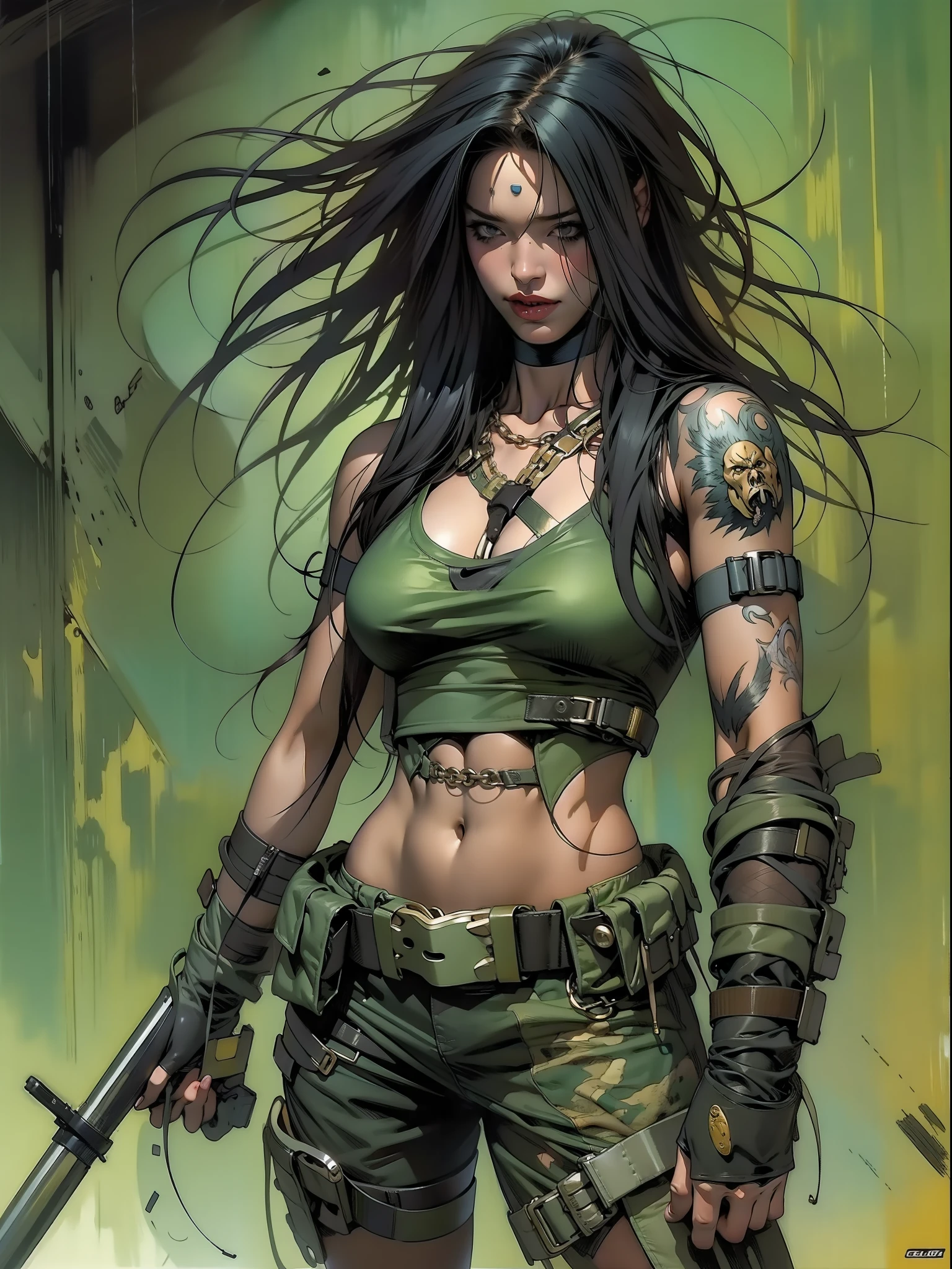 A post-apocalyptic warrior, uma mulher de 35 anos quase nua no estilo Simon Bisley para a capa da revista Heavy Metal, cabelo metade preto metade branco, Minimum clothing, roupas curtas,