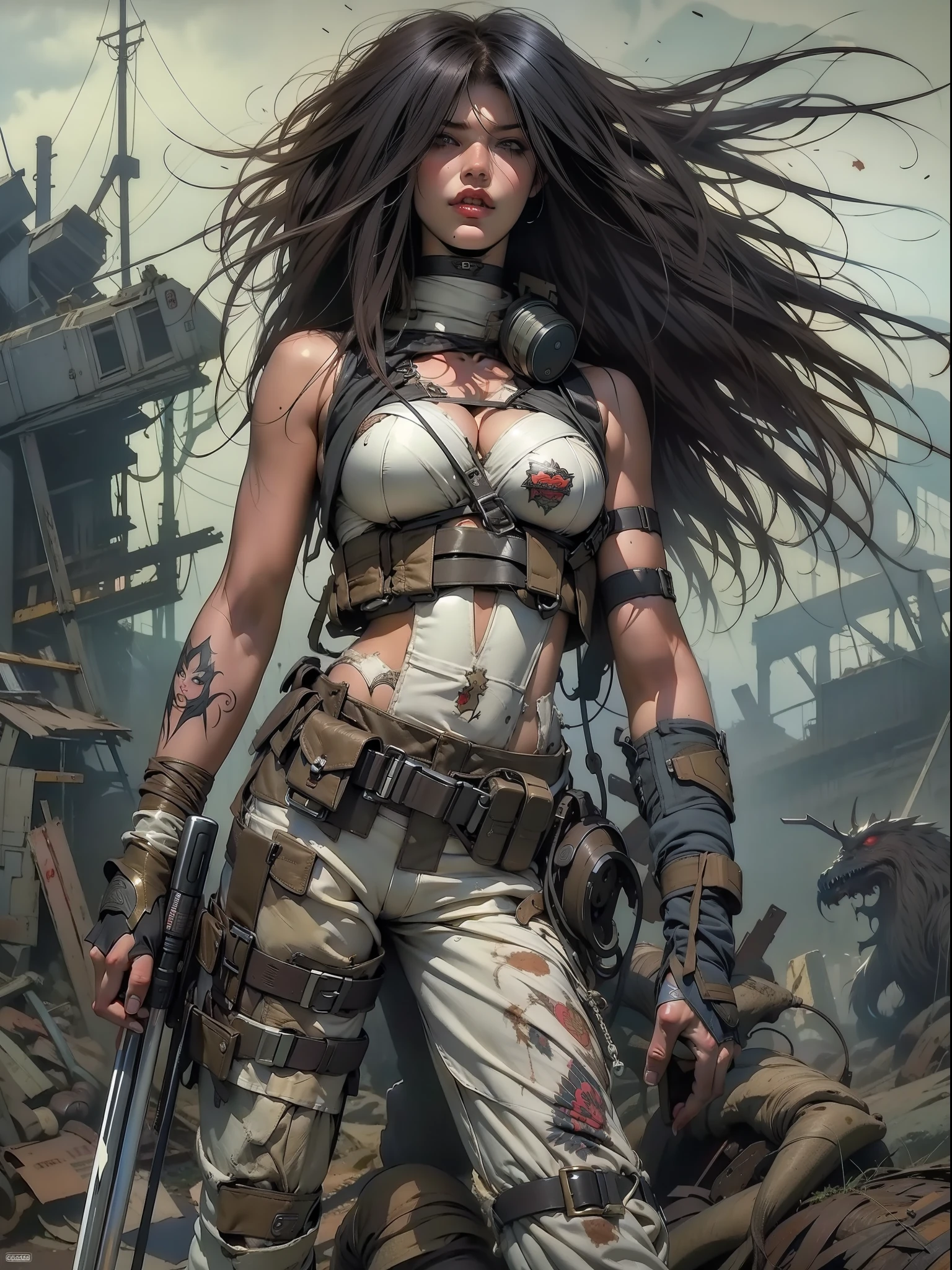 A post-apocalyptic warrior, uma mulher de 35 anos quase nua no estilo Simon Bisley para a capa da revista Heavy Metal, cabelo metade preto metade branco, Minimum clothing, roupas curtas,