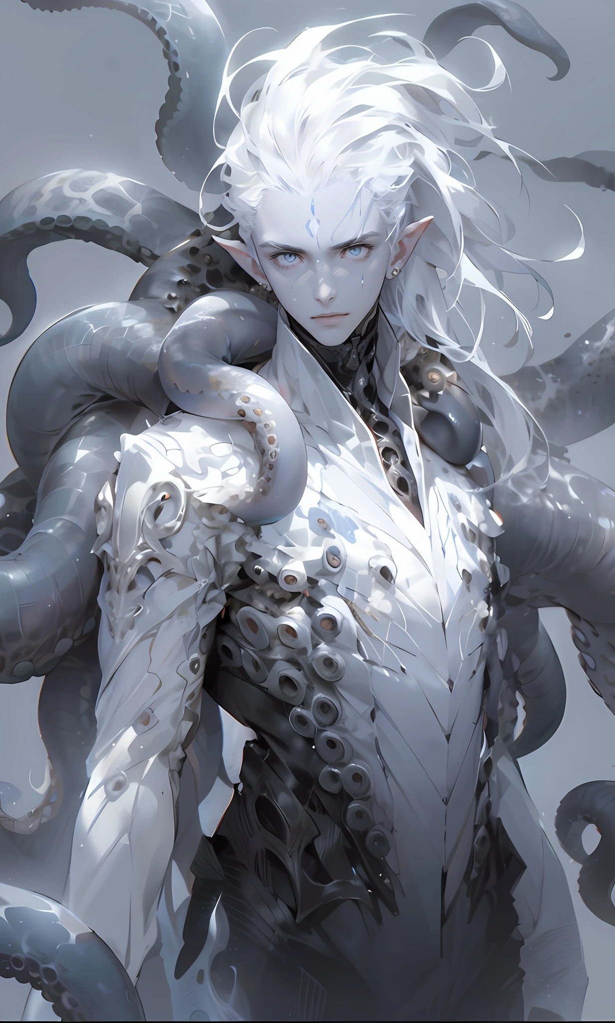 (tmasterpiece, A high resolution, ultra - detailed:1.0), (1boy, Young male), Perfect male body, (Male aliens:1.3), Look at the camera, Delicate eyes and delicate face, Extremely detailed CG, Unity 8k wallpaper, Complicated details, solo person, Detailed face, (Long white hair, White eyes, octopus tentacles, Pale skin, Alien faces, No eyebrows), color difference, Depth of field, dramatic shadow, Ray tracing, Best quality, offcial art, Portrait