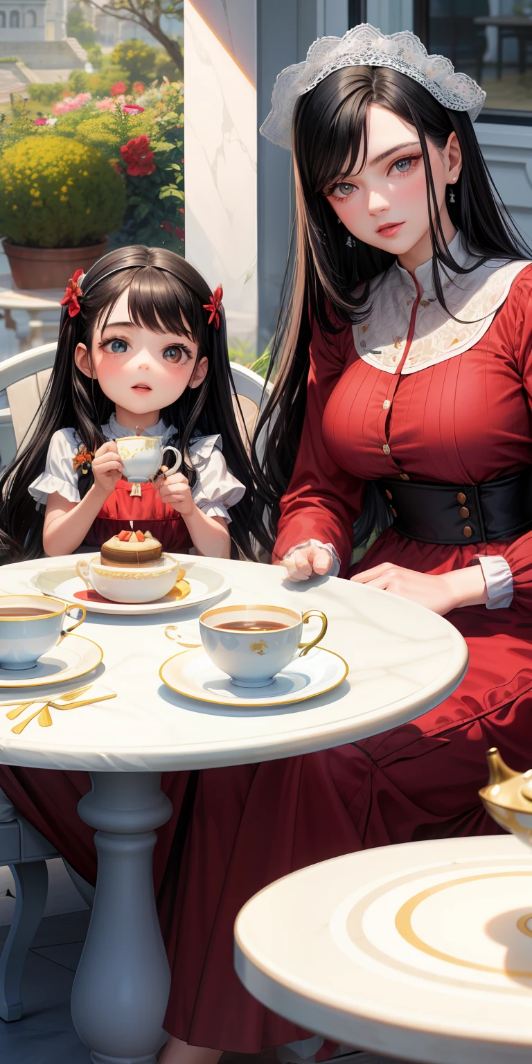 realista, Mother with daughter, fami, Afternoon tea, Mother with black hair, Olhos vermelhos, filha ruiva, Sitting at the table, Tea, biscoitos, vestidos formais, Ternos finos, porcelna, flores decorativas, ensolarado, varanda, Tomado, castelo, jardim