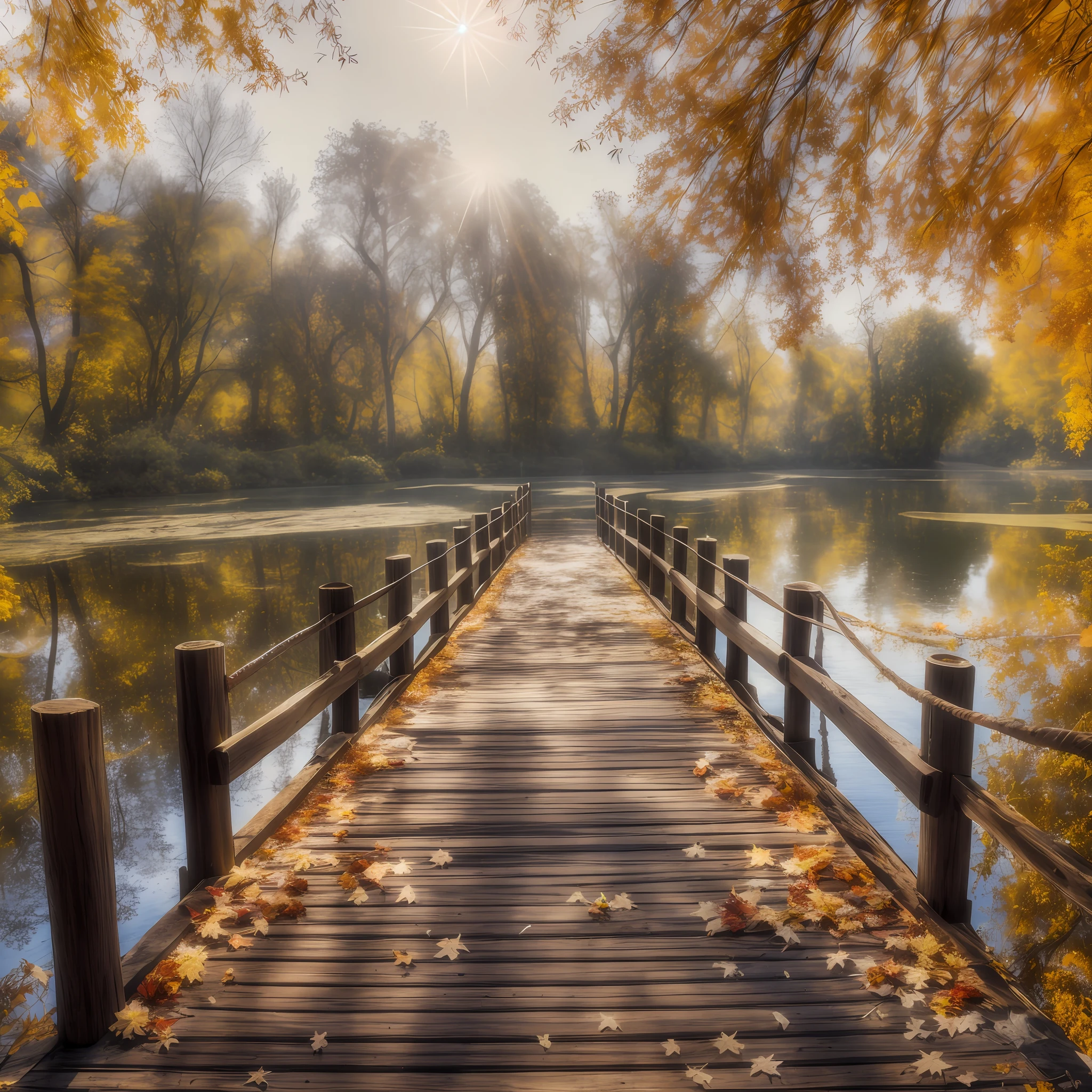 Puente de madera Arafed sobre un lago con hojas en el suelo, autumn tranquility, beautiful high resolution, in fall, dream scene, Puente de madera, ambiente tranquilo, during autumn, conduciendo a una hermosa, profundidad asombrosa, Spectacular autumn landscapes, ambiente tranquilo y sereno, hermosa imagen, soft autumn sunlight, hermoso paisaje sereno, mystical setting, beautiful composition