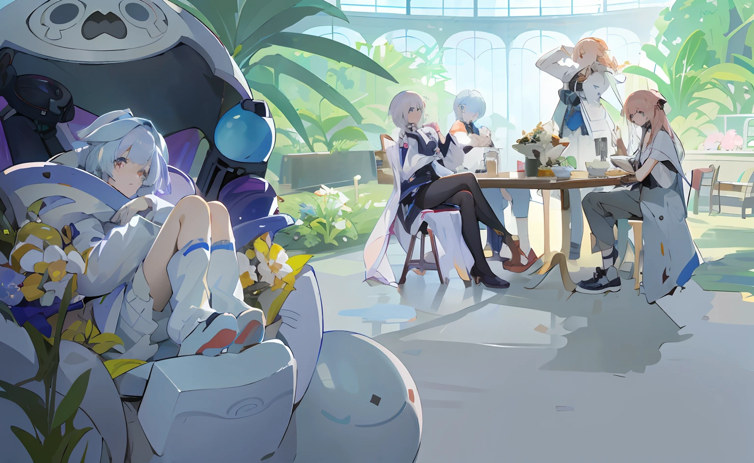 Anime characters sit around tables，and a woman in a white dress, afternoon hangout, Relaxing concept art, Best anime 4k konachan wallpaper, zerochan art, trending on artstation pixiv, From Arknights, high detailed official artwork, from girls frontline, girls frontline style, anime key visual concept art of, Lunchtime on Uranus