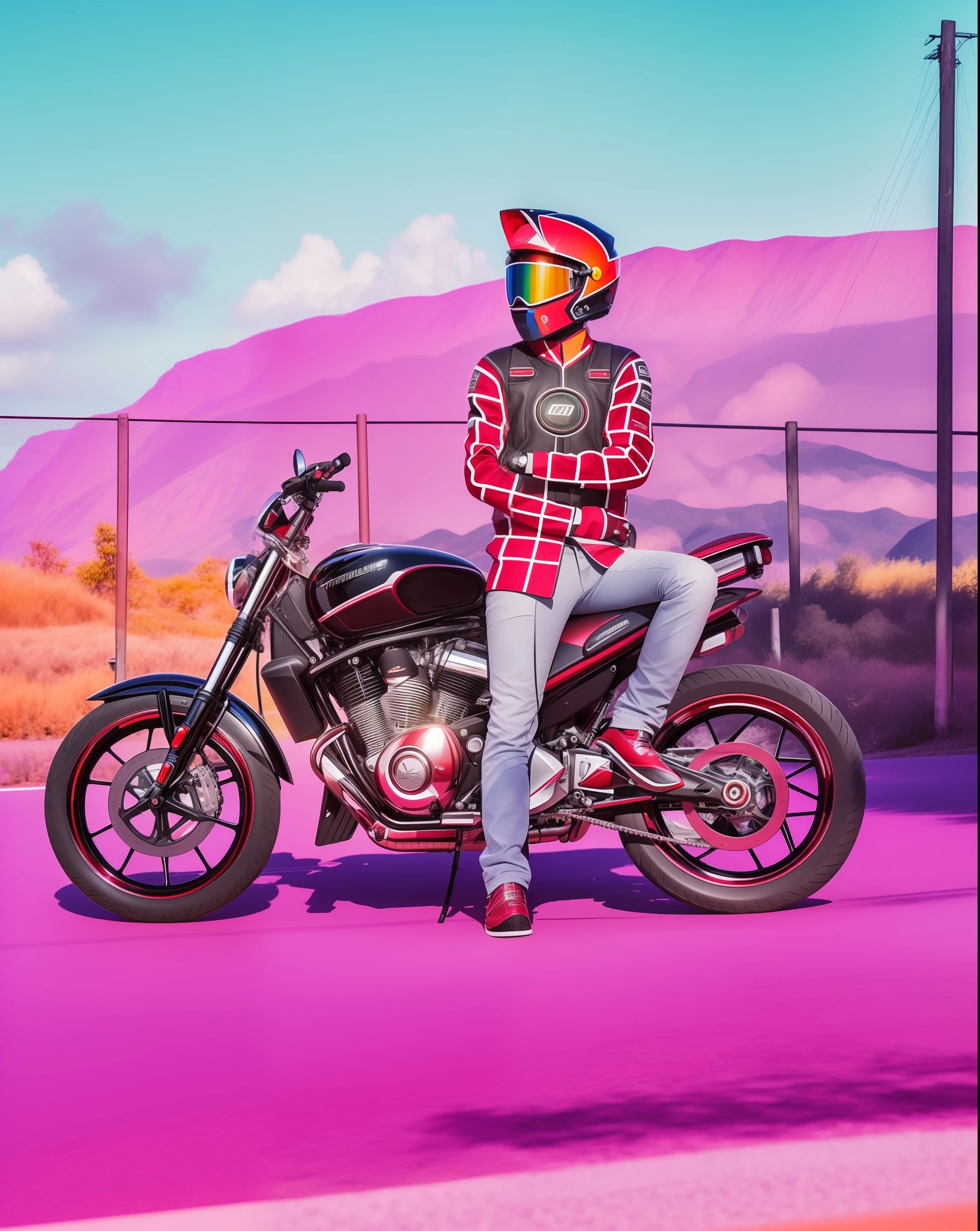 Imagem ultra realista foto da moto  com linhas em vermelho , imagem fulturistica   , estilo wheeling  , cores vivas imagem com luz perfeita