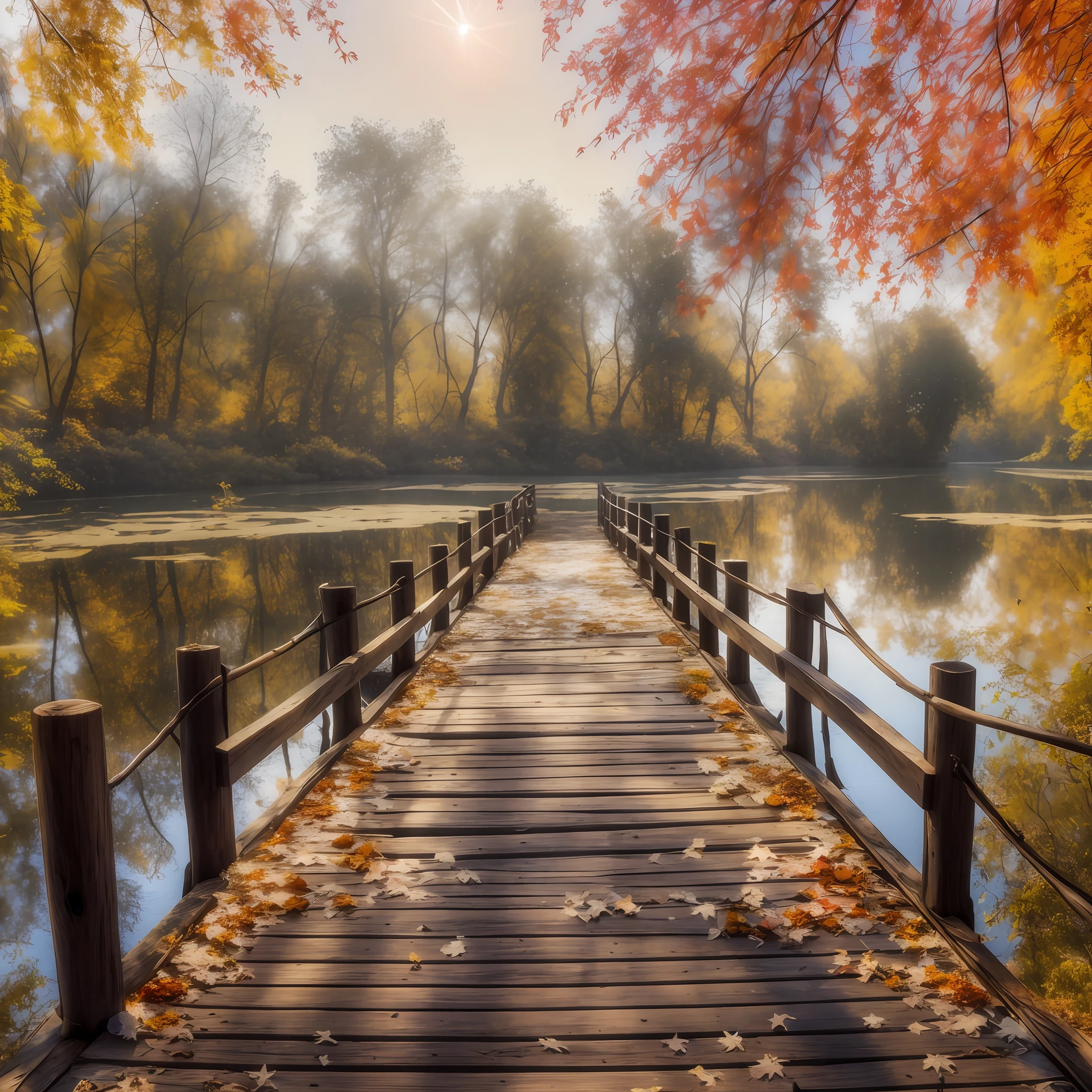 Puente de madera Arafed sobre un lago con hojas en el suelo, autumn tranquility, beautiful high resolution, in fall, dream scene, Puente de madera, Ambiente tranquilo, during autumn, conduciendo a una hermosa, profundidad asombrosa, Spectacular autumn scenery, Ambiente tranquilo y sereno, hermosa imagen, soft autumn sunlight, hermoso paisaje sereno, mystical setting, beautiful composition