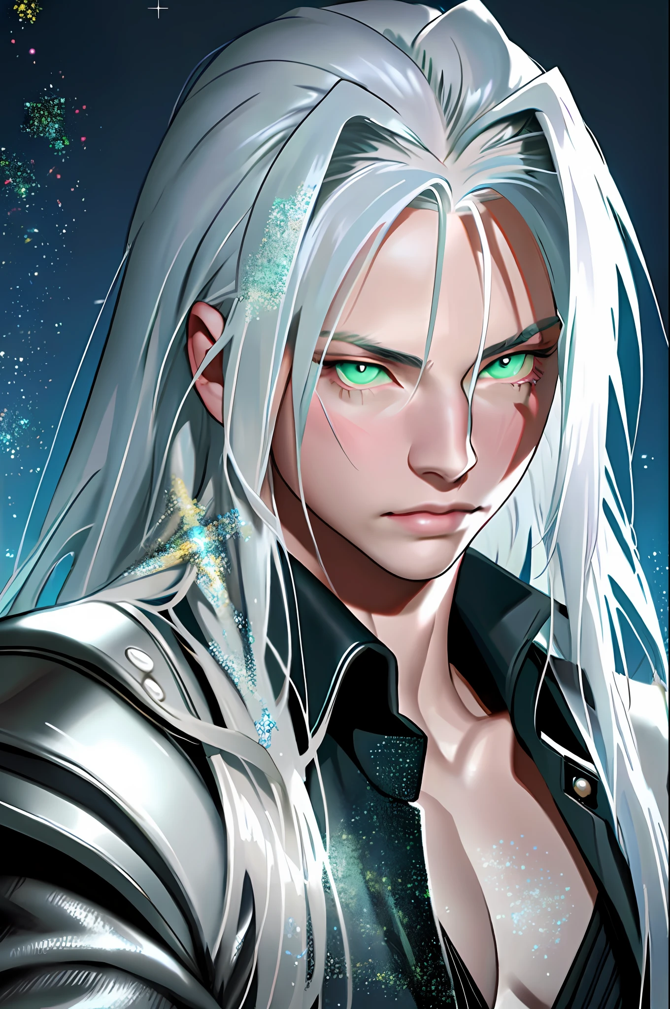 masterpiece, highest quality, (perfect face:1.1), (high detail:1.1), (((sephiroth))), (final fantasy), angel with voluminous white hair, soft hair, neon green eyes, solo ,1guy, young boy, , long hair, black elegant suit, shoulder-length hair, Rose Garden detailed background, realistic, covered navel, pouty lips, curvy guy, perfectly drawn face, cynical stare, cinematic lighting, balenciaga, glitter