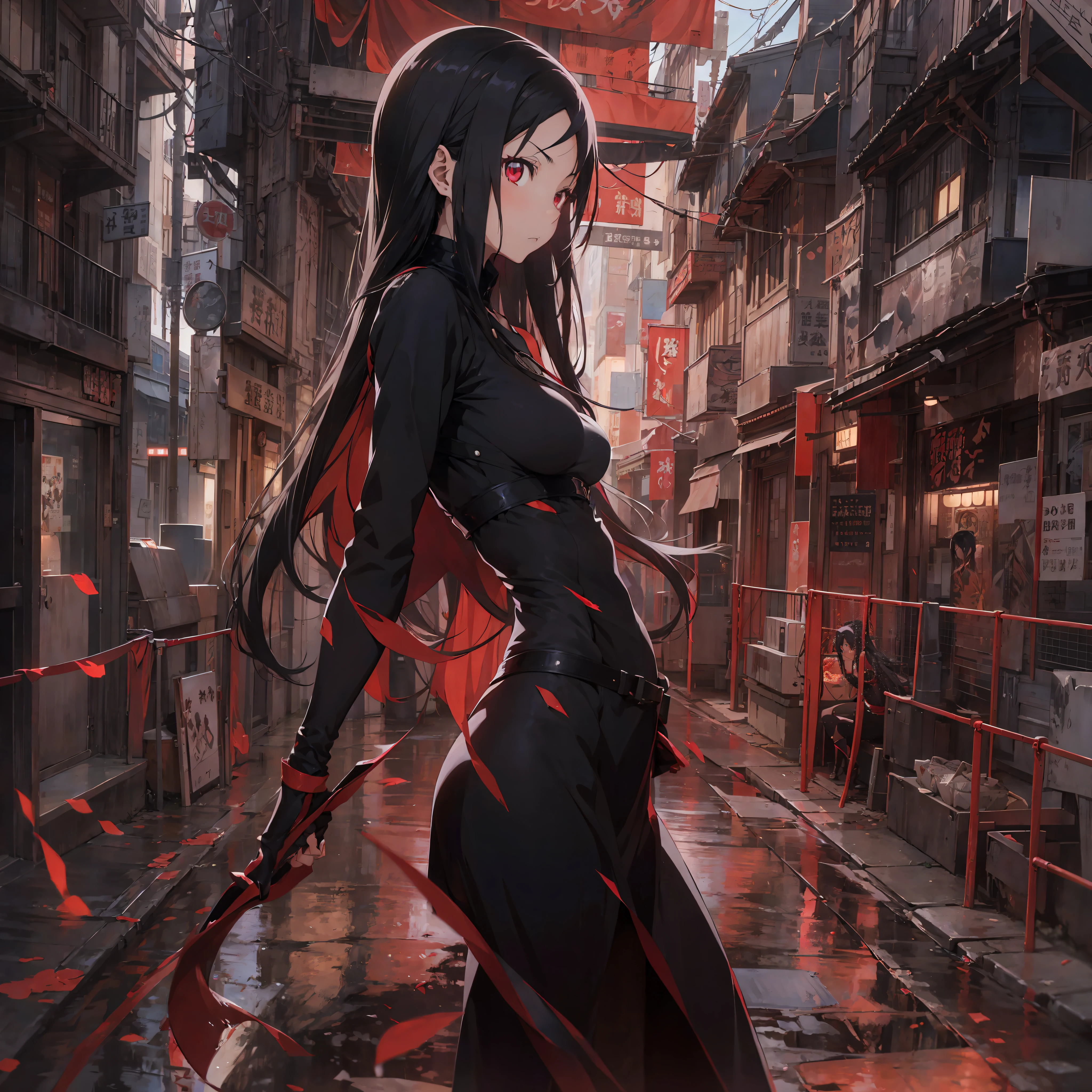 anime girl in a red dress with long hair and a black top, in the anime series ergo proxy, !!full body portrait!!, in a mixed style of æon flux, by Shingei, makise kurisu, no face, in the anime film ergo proxy, style mix of æon flux, glamorous tifa lockheart, tifa lockhart portrait