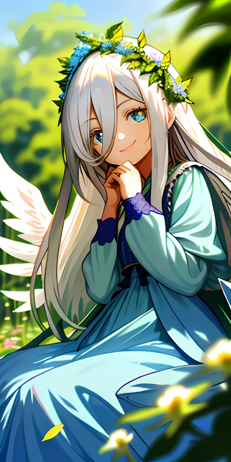 (tmasterpiece,best qualtiy),A long-haired loli with white hair sits in a tree-lined flower field,She has blue pupils,her hand under her chin,She wears a garland,Hair covers the right eye,and she smiling,warmly lit,She wore a sky blue dress,She has white wings,Blurred foreground,Eyes look into the distance
