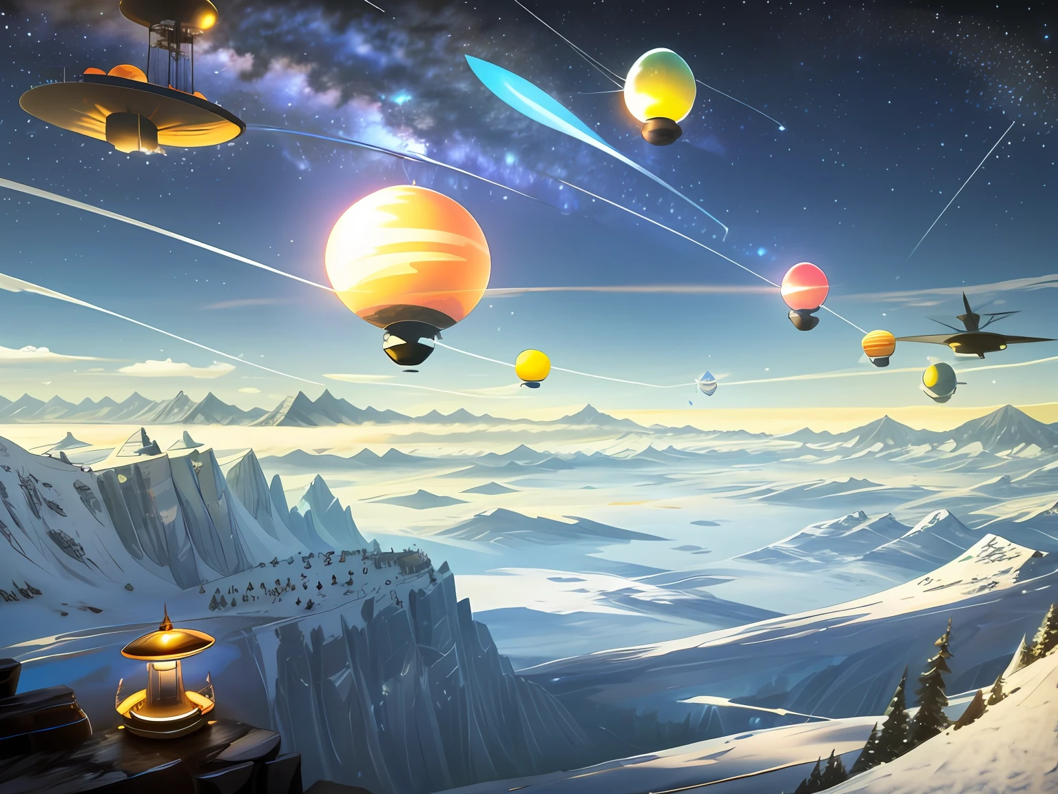 Floating all over the mountains：photosphere，airships，flying saucer，Flying sticks，spaceship，airships，Evenly distributed in the line of sight，eventide