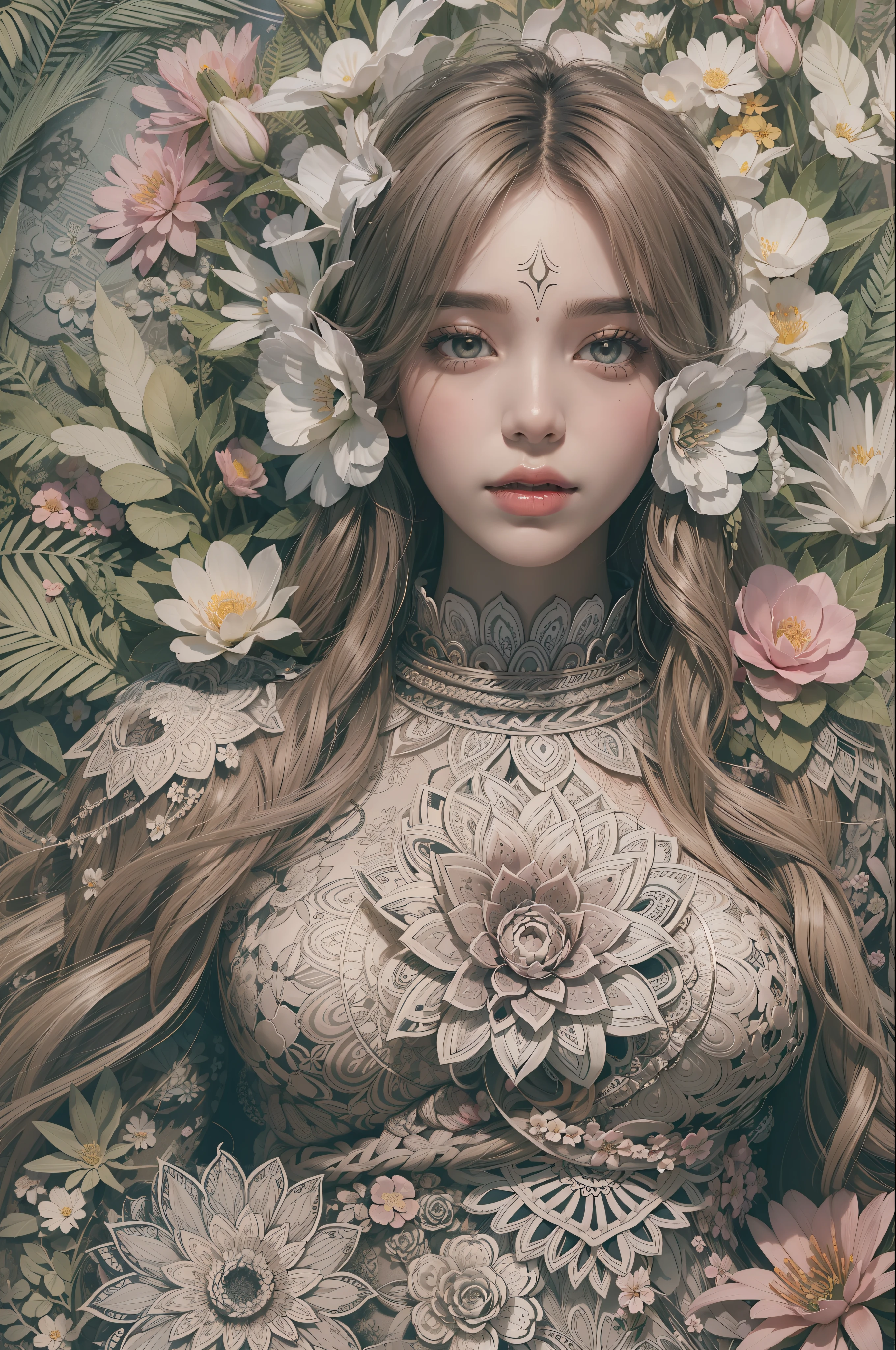 1girl, solo, waist up, from above, (zentangle, mandala, tangle, entangle), (flower blossom:1.2) official art, unity 8k wallpaper, ultra detailed, aesthetic, masterpiece, best quality, photorealistic