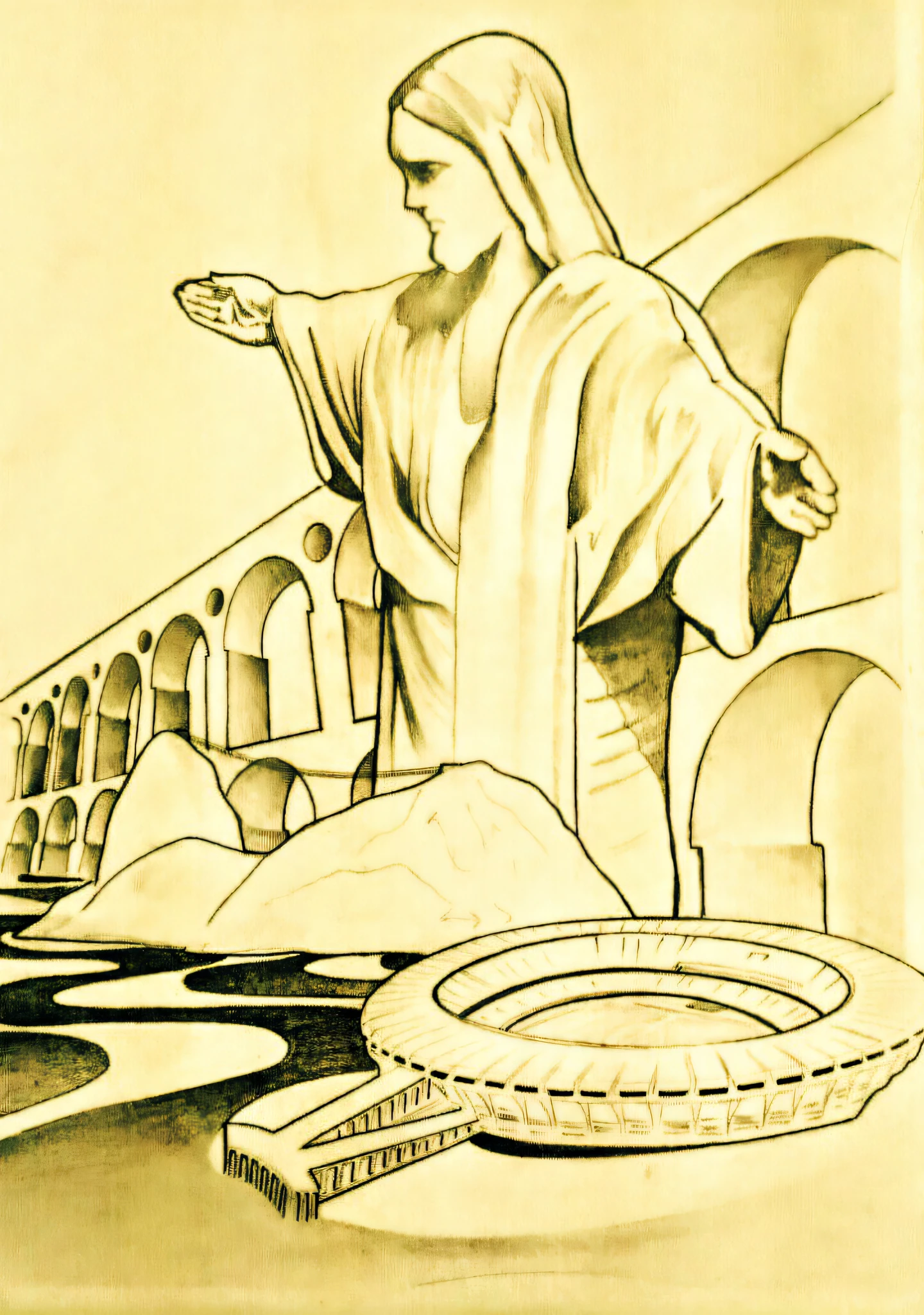 desenho de uma mulher em um manto ao lado de um trem, Directed by: Italo Mus, Directed by: Edward Otho Cresap Ord, II, Directed by: Antonin Chittussi, inspirado em William Zorach, Directed by: Hans Fischer, inspirado em Cagnaccio di San Pietro, inspired by Mirko Rački, Directed by: Robert Adamson, inspirado em Rinaldo Cuneo