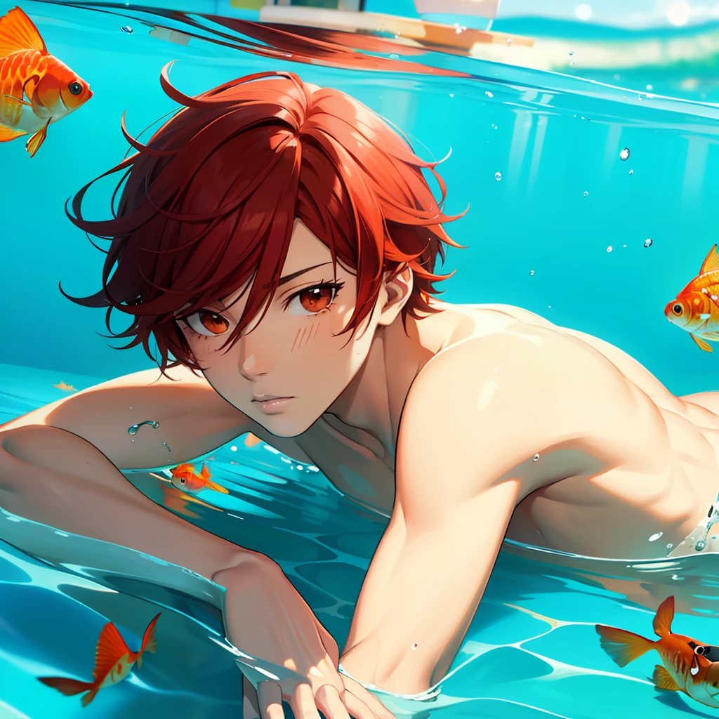 of a guy，red tinted hair，Board inches，Handsome，The pupils are relatively small，pouty，Slender figure，Naked upper body，Muscles are strong，The chest muscles are full，Lying on your stomach in the water，The upper body is naked，There are goldfish in the water，Look at the goldfish，Play with goldfish with your hands，quadratic element，The color scheme is dreamy，Natural soft light，It's a bit top-down，Facing the lens，Medium completion，A bit of a color block