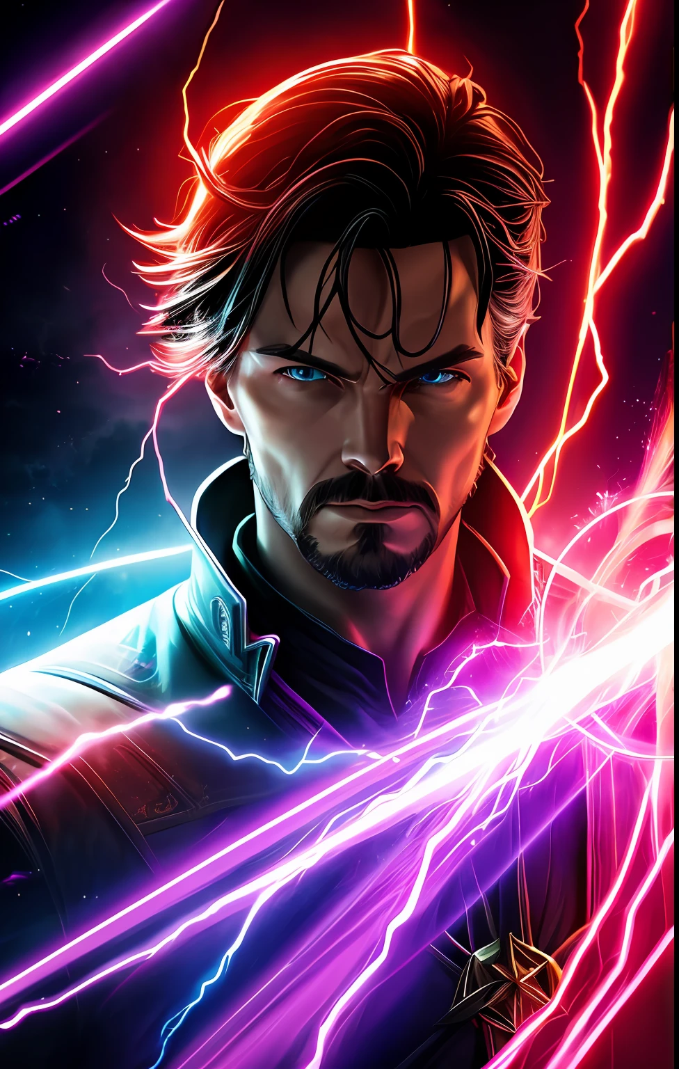 (neon lightning around the head:1.1), monumento, (head close-up), epic scene of doctor strange,lightning, foco nítido, fantasia, arte conceitual, dynamic lighting, Epic composition, estilo Michelangelo