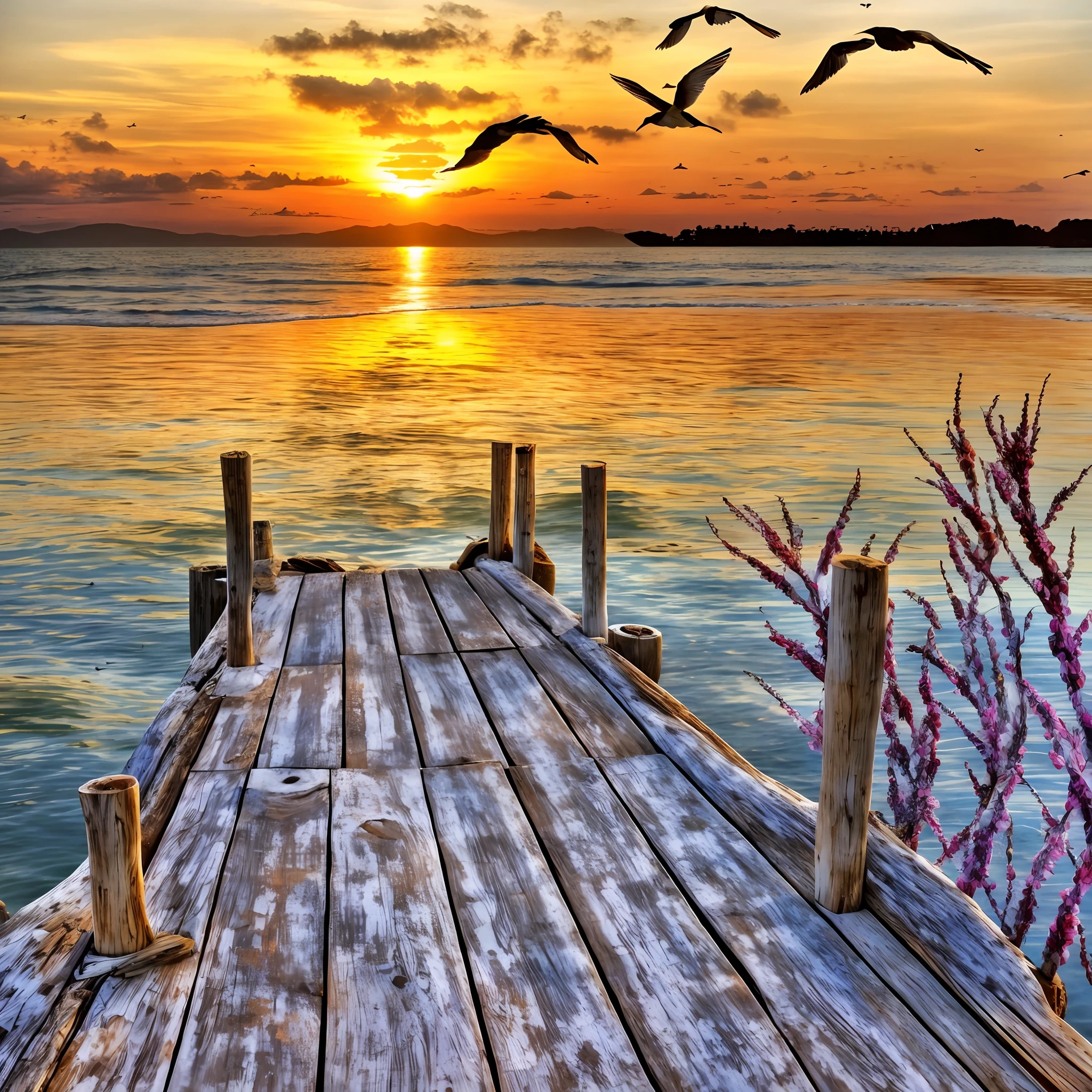 Arafed wooden pier with birds flying over the water at sunset, Beautiful romantic sunset, warm beautiful scene, hermosa naturaleza, hermoso amanecer, peaceful scene, stunningly rapturously gorgeous, Ambiente sereno por la noche, Hermosa puesta de sol, Tranquilo y sereno, the most beautiful sunset, en una hermosa puesta de sol, Beautiful morning, foto muy bonita, amazing background, hermoso lugar, hermosa escena, Noche tranquila