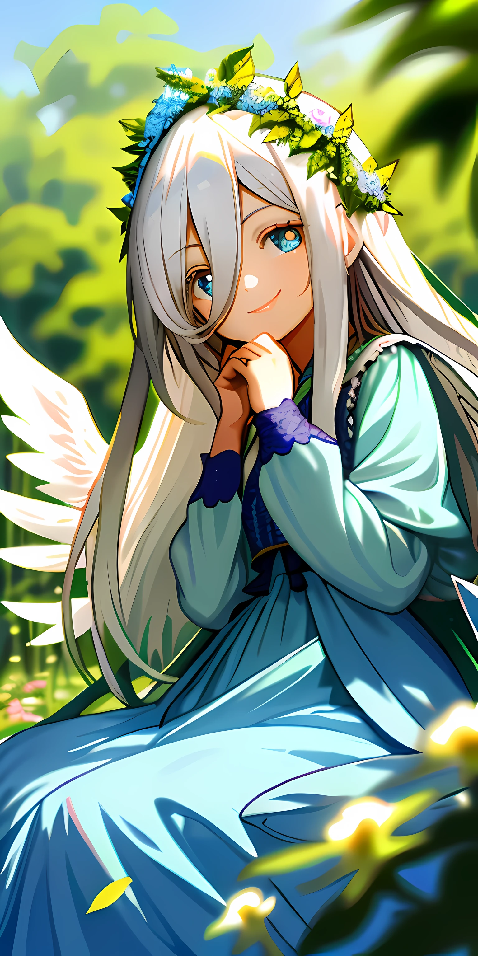 (tmasterpiece,best qualtiy),A long-haired with white hair sits in a tree-lined flower field,She has blue pupils,her hand under her chin,She wears a garland,Hair covers the right eye,and she smiling,warmly lit,She wore a sky blue dress,She has white wings,Blurred foreground,Eyes look into the distance