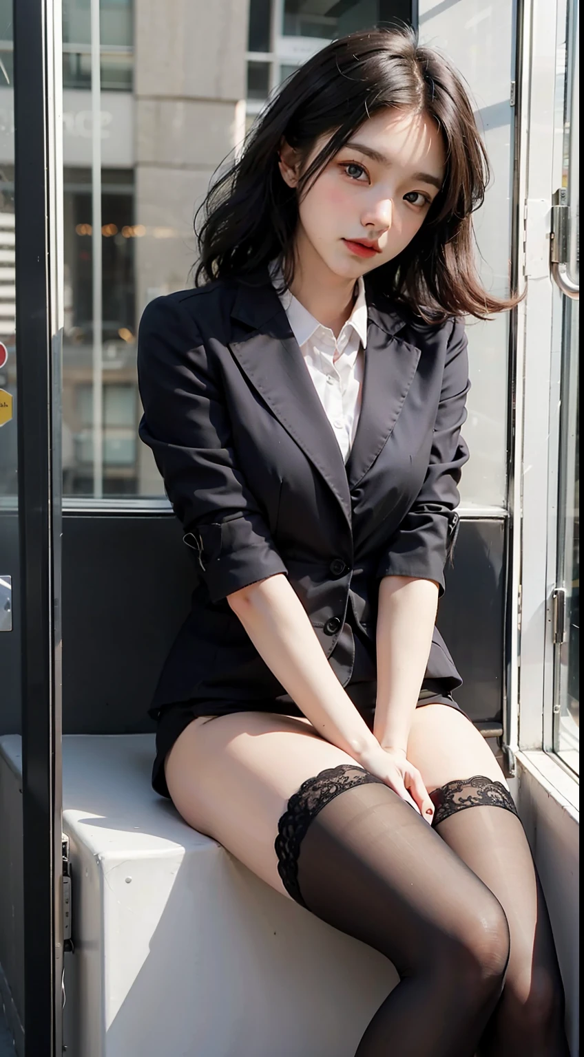 Best quality, full body portrait, delicate face, pretty face, 25 year old woman, slim figure, small bust, OL uniform, office clothes, black stockings, outdoor scene, sitting position