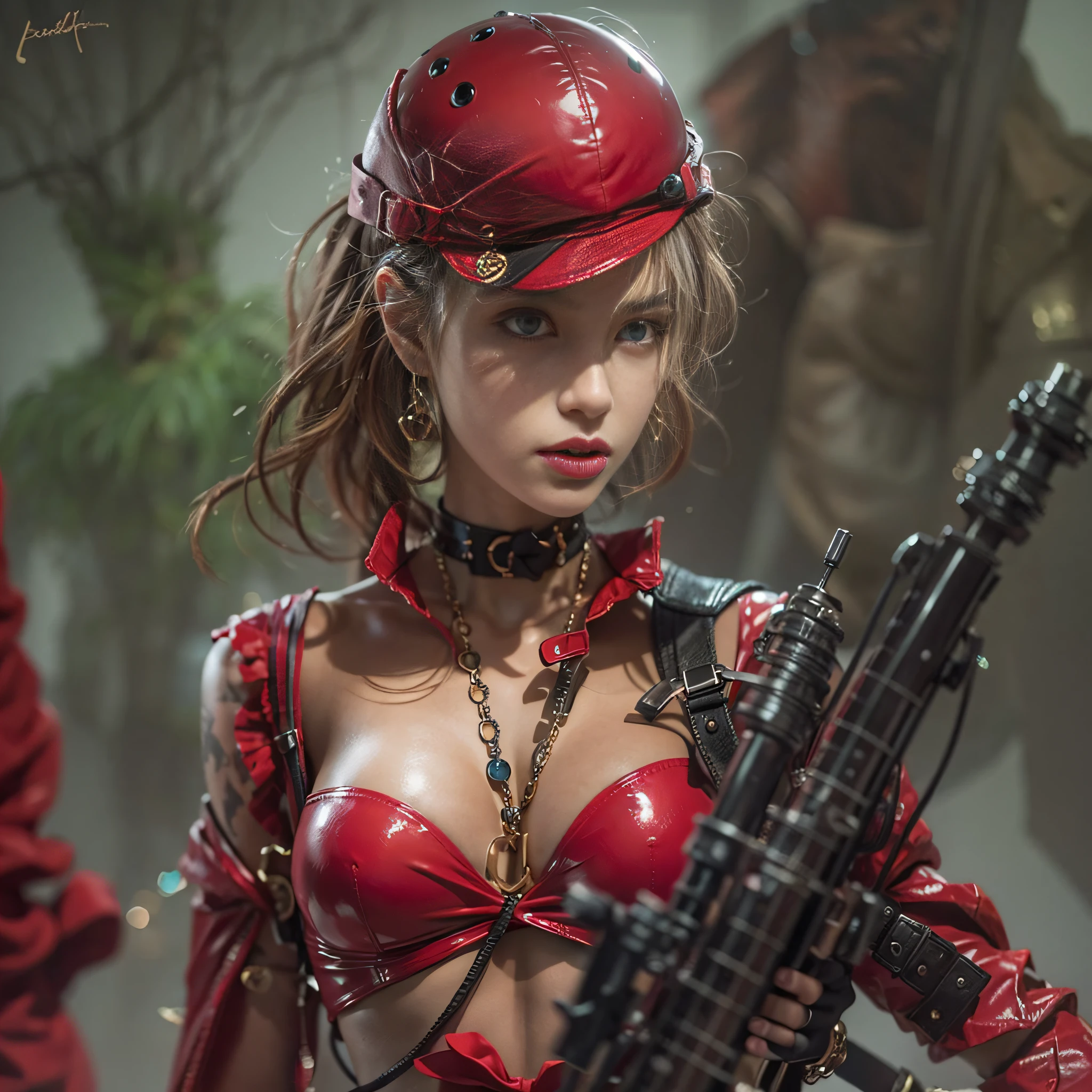 ((​masterpiece:1.4)、(top-quality:1.4)、(reallistic:1.7))、Mercenary troops from another dimension、Cute girl mercenary、Sexy Daughter、1girl in、latex shiny、Latex bodysuit、By Luis Royo、age19、Ultra Ultra Bikini、Looking Back Beauty、Outstanding style、Slender Abs、beauty legs、Beautiful ass、A detailed eye、Raw photo、red-lips、Red high heels、a choker、a necklace、耳Nipple Ring、