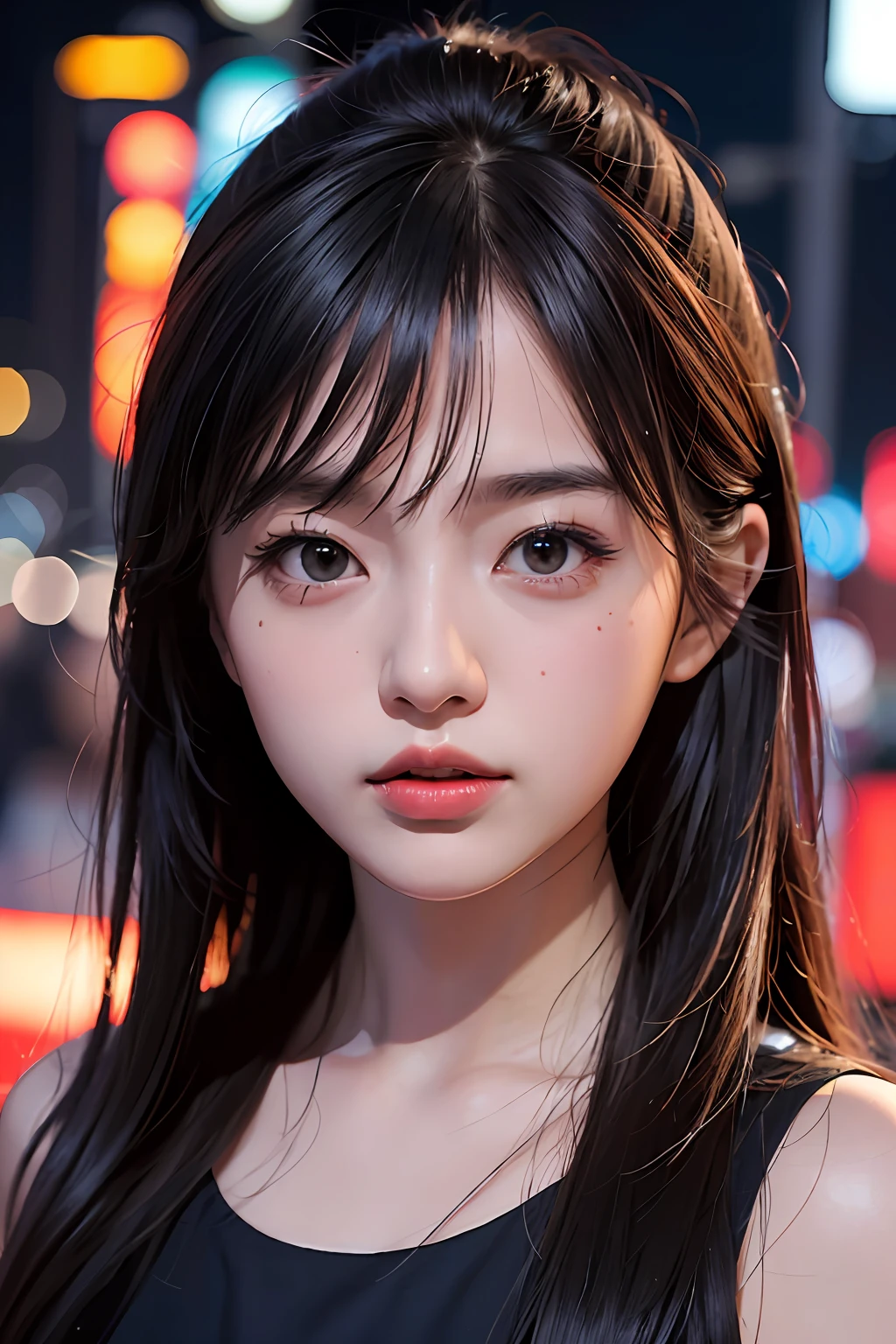 1girl, Tokyo street,night, cityscape,city lights, upper body,close-up, 8k, RAW photo, best quality, masterpiece,realistic, photo-realistic,