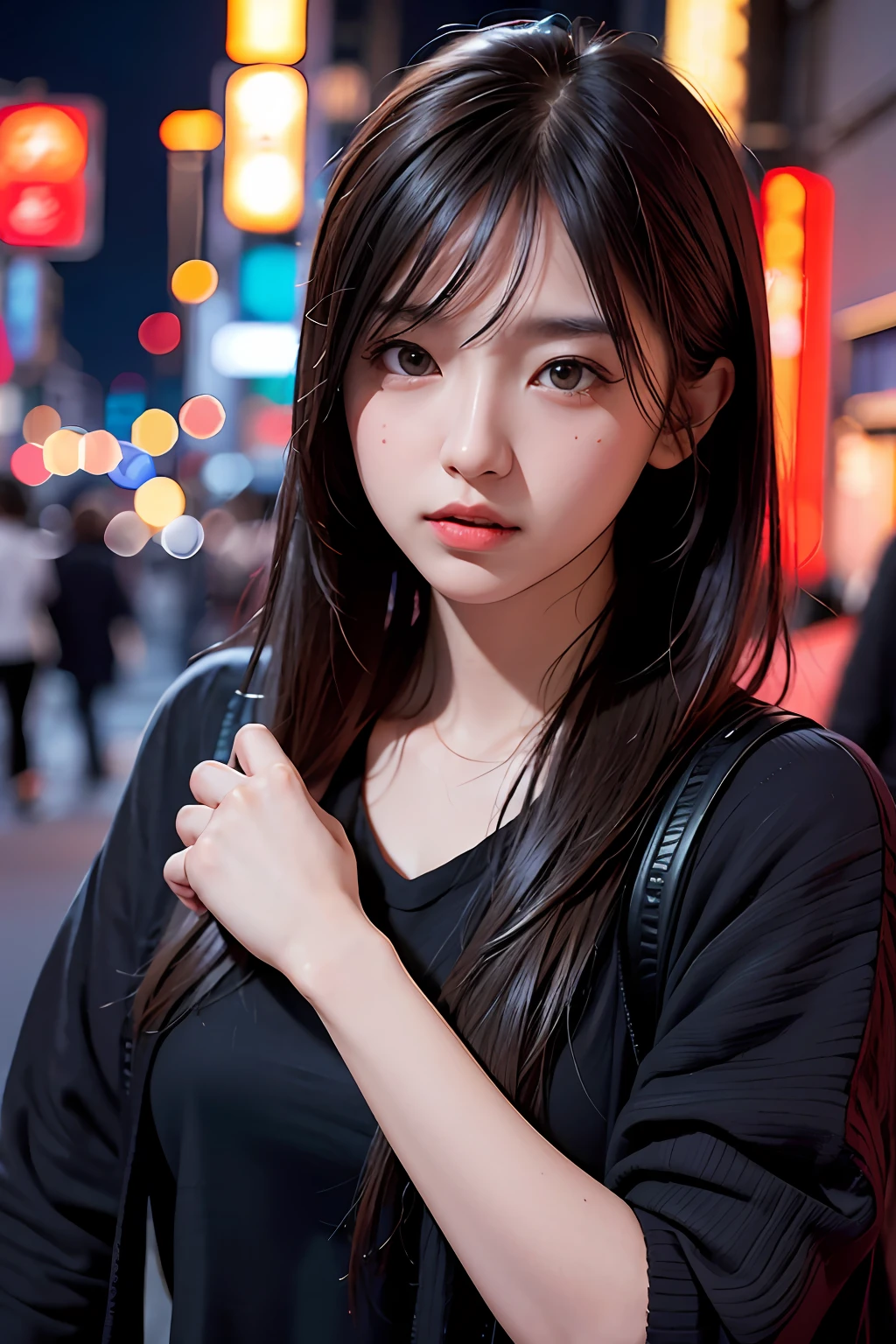 1girl, Tokyo street,night, cityscape,city lights, upper body,close-up, 8k, RAW photo, best quality, masterpiece,realistic, photo-realistic,
