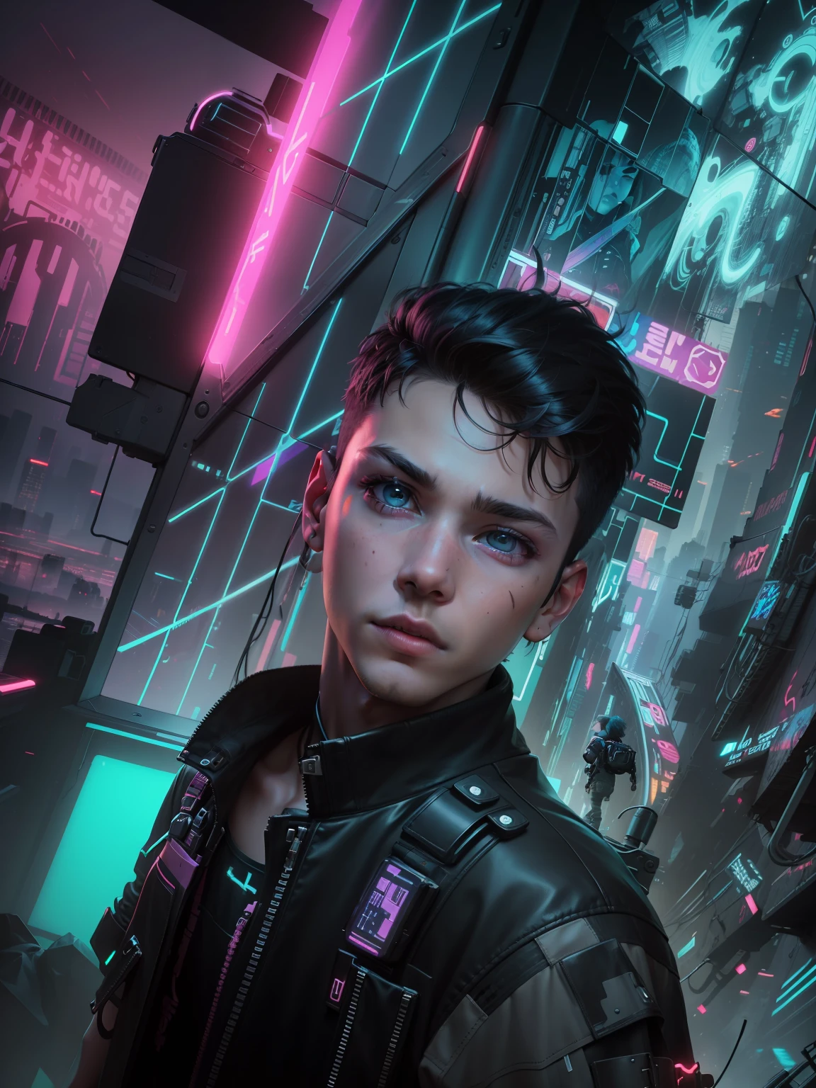 .jpg, ddler, cyberpunk, neon, 8k, --v 4 Change background cyberpunk handsome boy, realistic face, 8k, ultra realistic