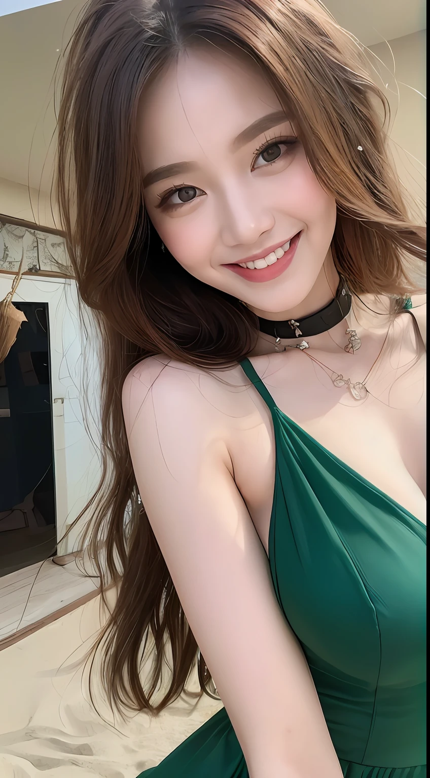 ((Best quality, 8k, Masterpiece :1.3)), 1girl, taking selfie, closeup, smiling, slim face, Pretty woman, (Dark brown hair), full length dress :1.1, Ultra-detailed face, Detailed eyes, Double eyelid, blur background, slim face, beach, bikini, water, nswf