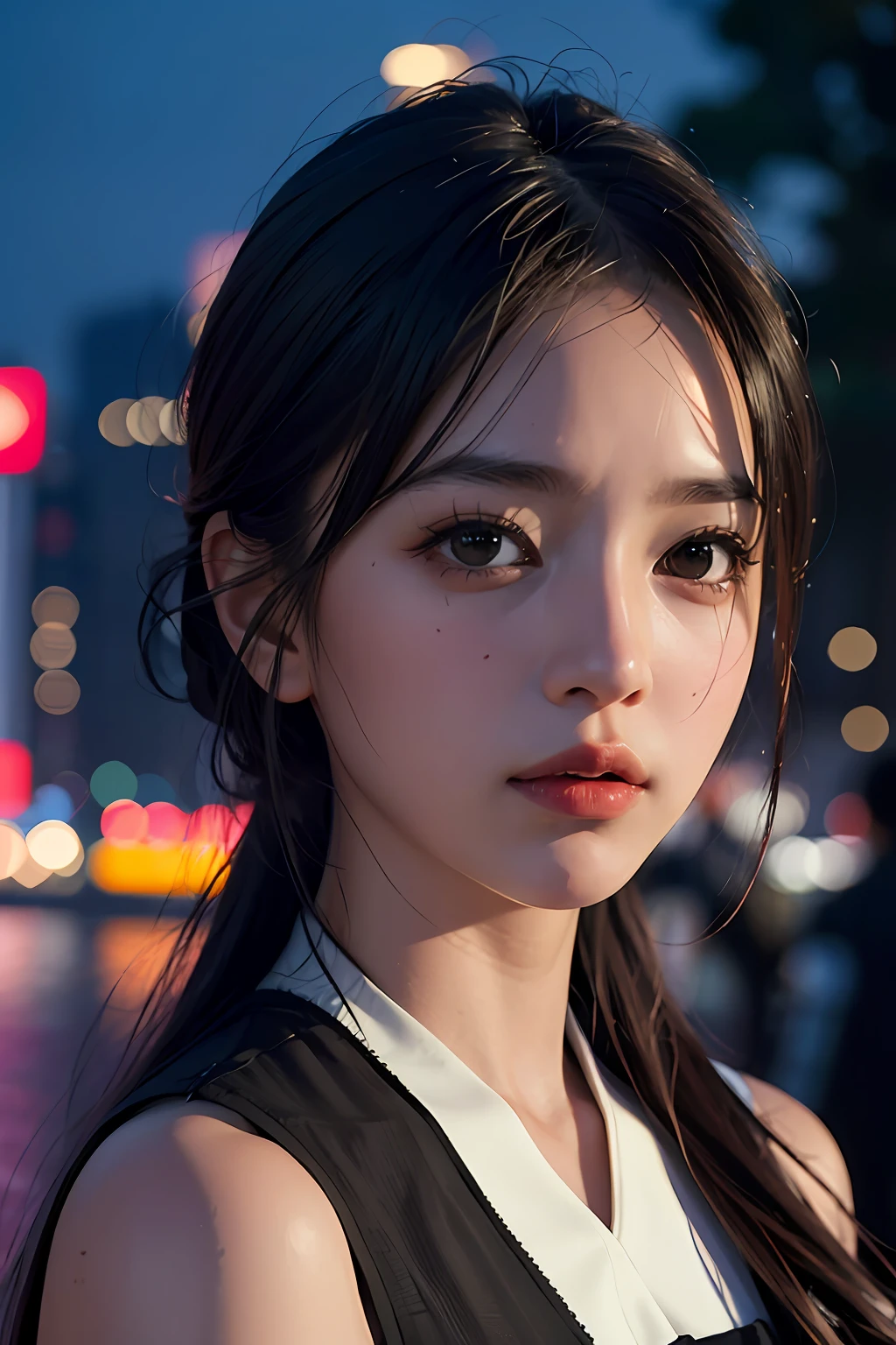 1girl, Tokyo street,night, cityscape,city lights, upper body,close-up, 8k, RAW photo, best quality, masterpiece,realistic, photo-realistic,