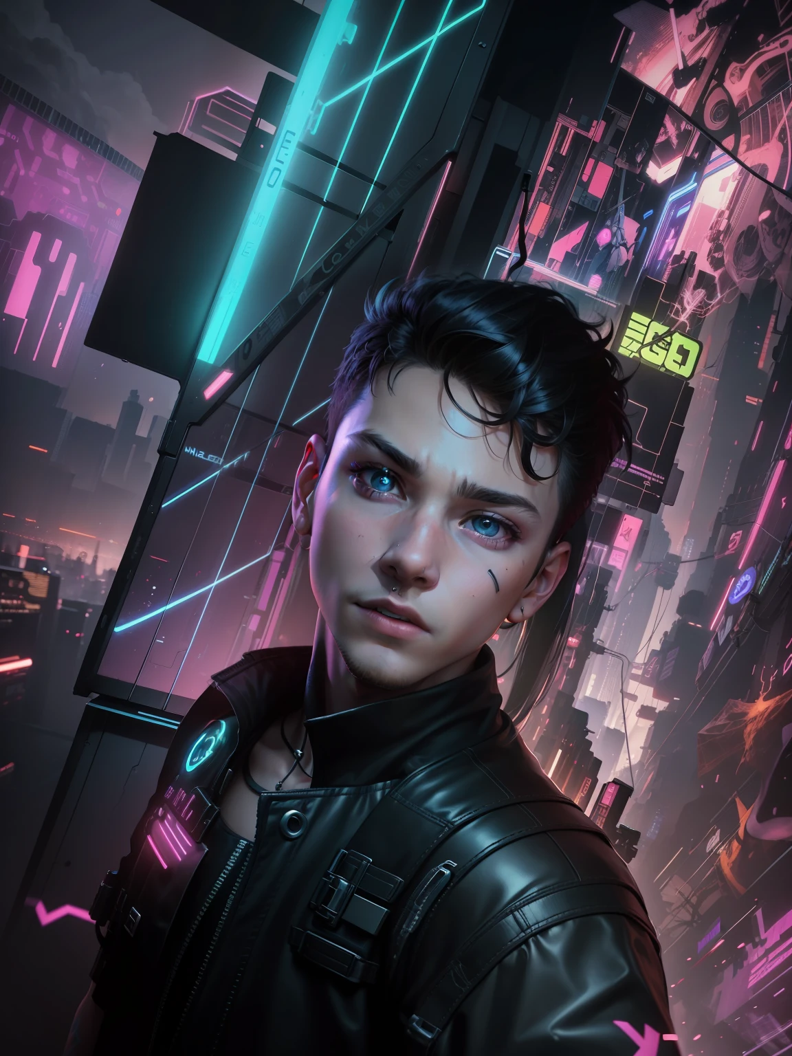 .jpg, toddler, cyberpunk, neon, 8k, --v 4 Change background cyberpunk handsome boy, realistic face, 8k, ultra realistic
