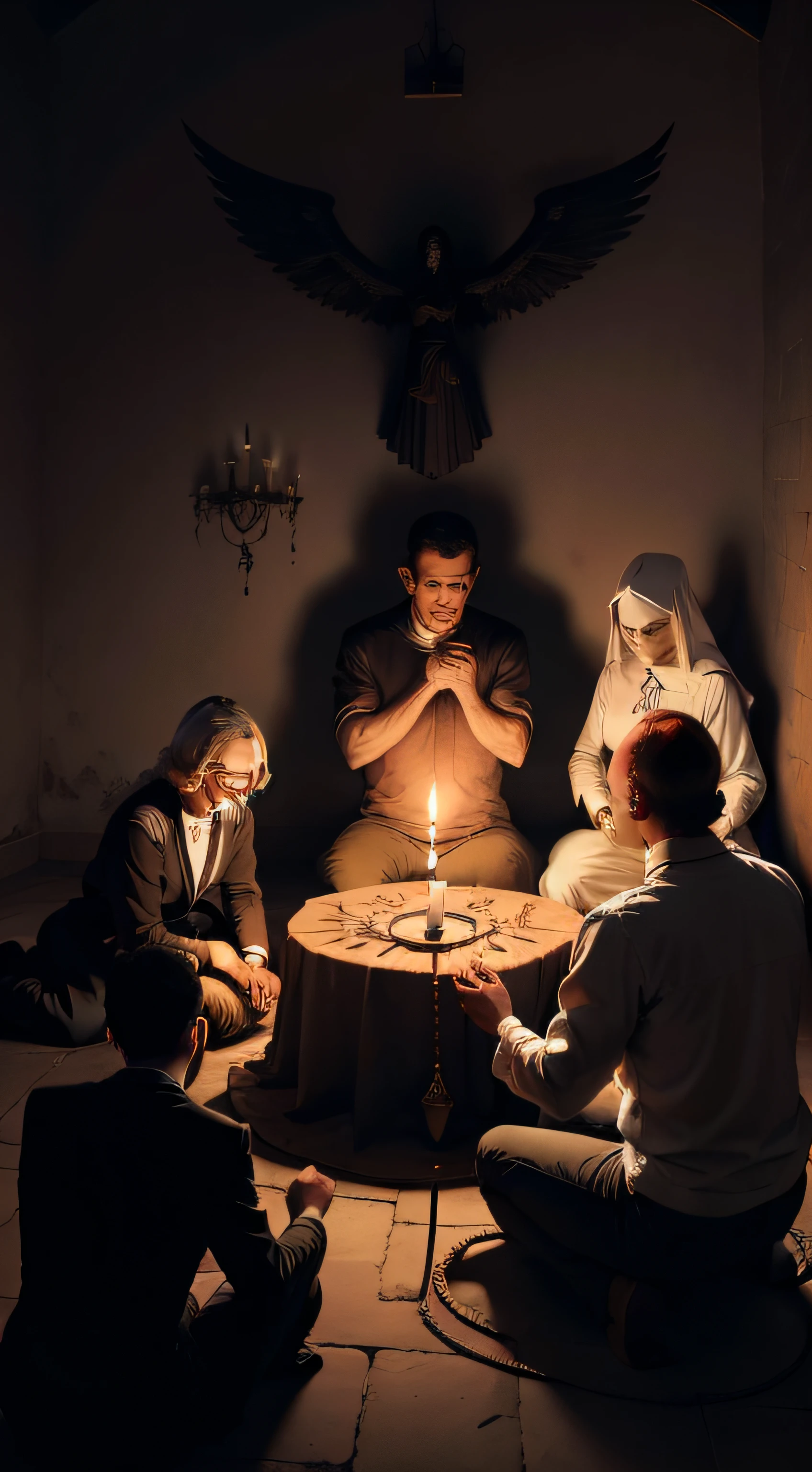 exorcism ritual with several people, uma possuida, realista, diabo, anjo juntos, e um padre catolico