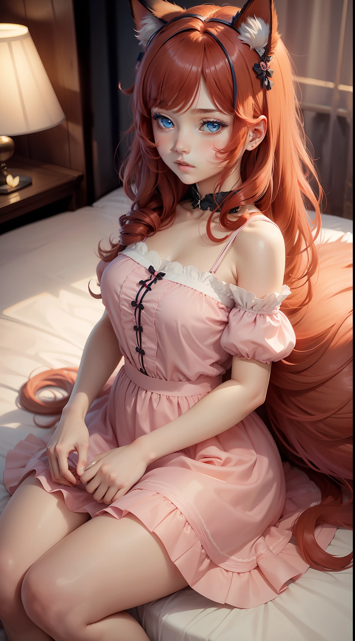 anime girl with red hair and cat ears sitting on a bed, beautiful anime catgirl, cute anime catgirl, anime catgirl, anime girl with cat ears, very beautiful anime cat girl, very beautiful cute catgirl, girl with fox ears, girl with cat ears, pink cute dress, kawaii, young girl, rose color hair, very red hair, pink dress, innocent face, girly, blue eyes, pretty eyes, 4k, minor, (Best Quality), (solo 1:2), pink dress, kawaii