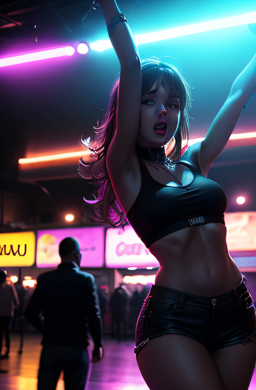 Una chica alegre bailando en una discoteca, ambiente festivo, toma en plano medio, rodeada de gente alrededor, un poco humo de colores rodea el piso del lugar, photographic style, Night atmosphere slightly illuminated by neon lights, foto realista, elementos hiper detallados.