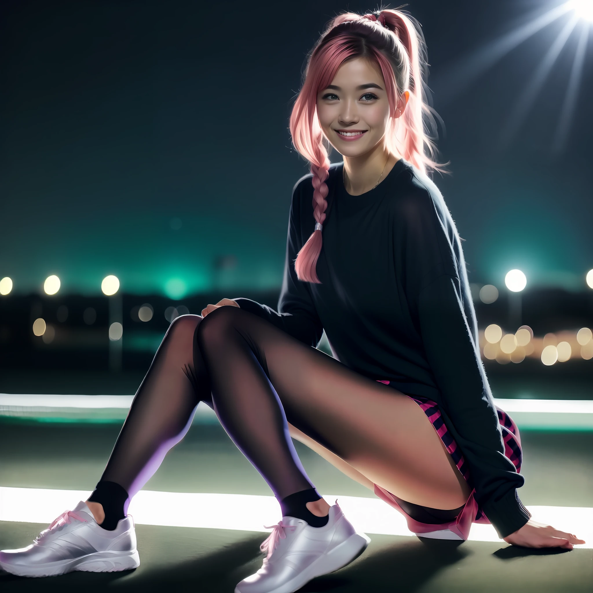 Full body view, feet in view, no shoes, night scene, sexy girl, posing, look at a camera and smile, pink ponytail hair, (green eyes:0.8), cute young face, pantyhose, short tennis skirt, sweater, no shoes, 18 yo, soft volumetric lights, (backlit:1.3), (cinematic:1.3), intricate details, (ArtStation:1.2)