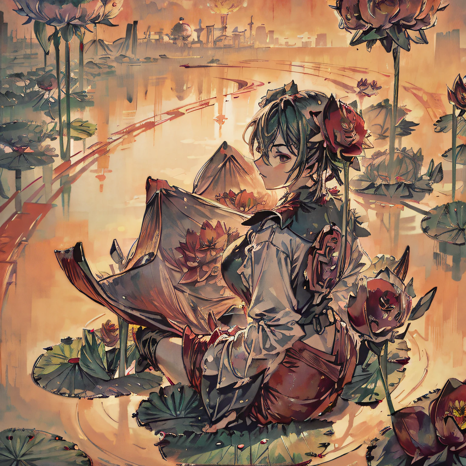 (masterpiece, best quality, beautiful art:1.4) of a (red lotus flower:1.6), bright red color, beautiful symmetry, very detailed, highly realistic, 8k, ultra intricate, trending on artstation, trending on pixiv
