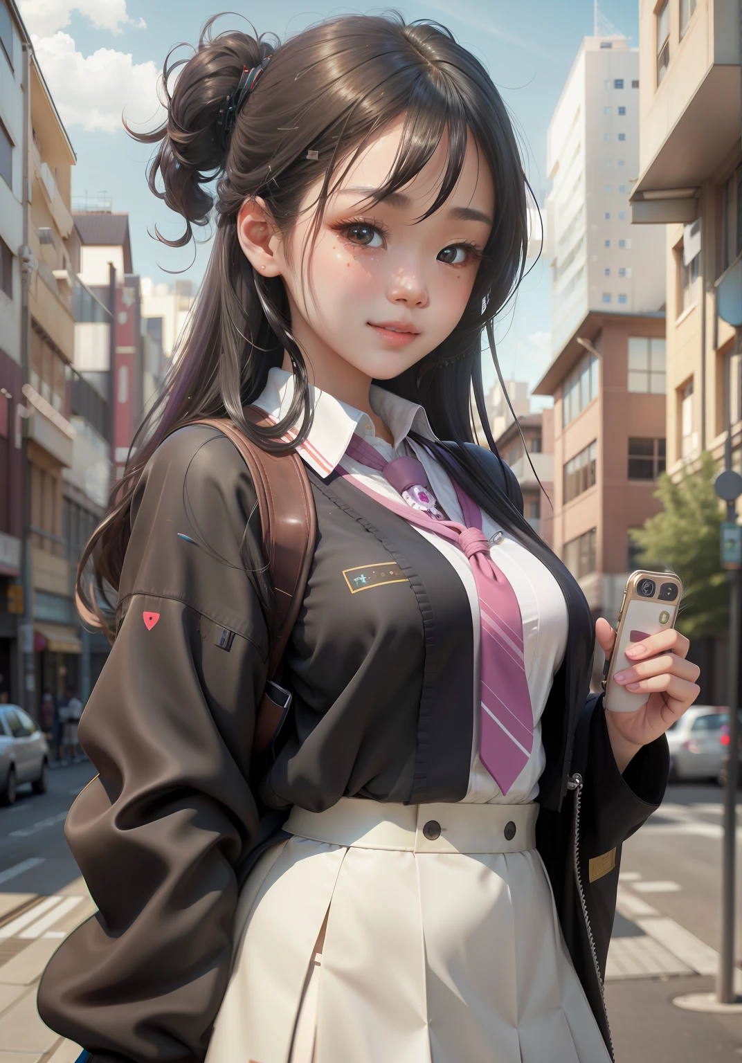 trottoir, Photo brute, 8k, Highest quality, super high res, Beautiful facial details, Une vraie peau humaine, expression souriante, Vue de face, Angle from Below, Long hair shawl, Realstic, Realstic, mignon, Jupe courte, Standing in the heart of the city, cute schoolgirl, Japanese schoolgirl uniform, wearing japanese school uniform, surreal high school girl, corps entier,