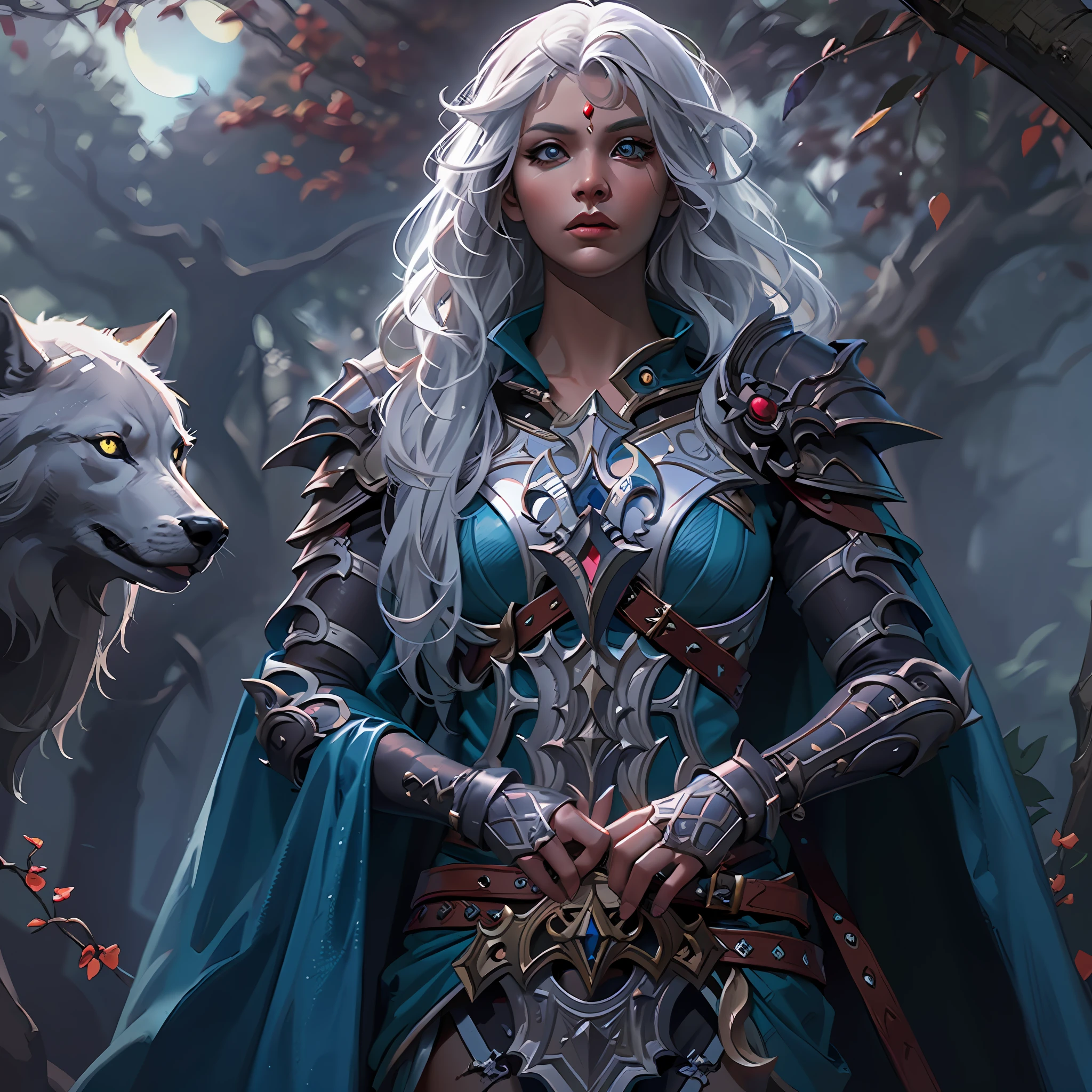 high details, best quality, 8k, [ultra detailed], masterpiece, best quality, (extremely detailed), dynamic angle, ultra wide shot, RAW, photorealistic, fantasy art, dnd art, rpg art, realistic art, a wide angle picture of an epic female elf arcane warrior,  warrior of magic , fighter of the arcana, full body, [[anatomically correct]] full body (1.5 intricate details, Masterpiece, best quality) tcasring a spell, ng to am epic wolf (1.6 intricate details, Masterpiece, best quality) armed with an [epic magical sword]  (1.5 intricate details, Masterpiece, best quality) epic magical sword, glowing in blue light. in dark forest (1.5 intricate details, Masterpiece, best quality), a female beautiful epic drow wearing leather armor (1.4 intricate details, Masterpiece, best quality), leather boots, thick hair, long hair, white hair, black skin intense eyes, forest  background (intense details), moon light, stars light, clouds (1.4 intricate details, Masterpiece, best quality), dynamic angle, (1.4 intricate details, Masterpiece, best quality) 3D rendering, high details, best quality, highres, ultra wide angle