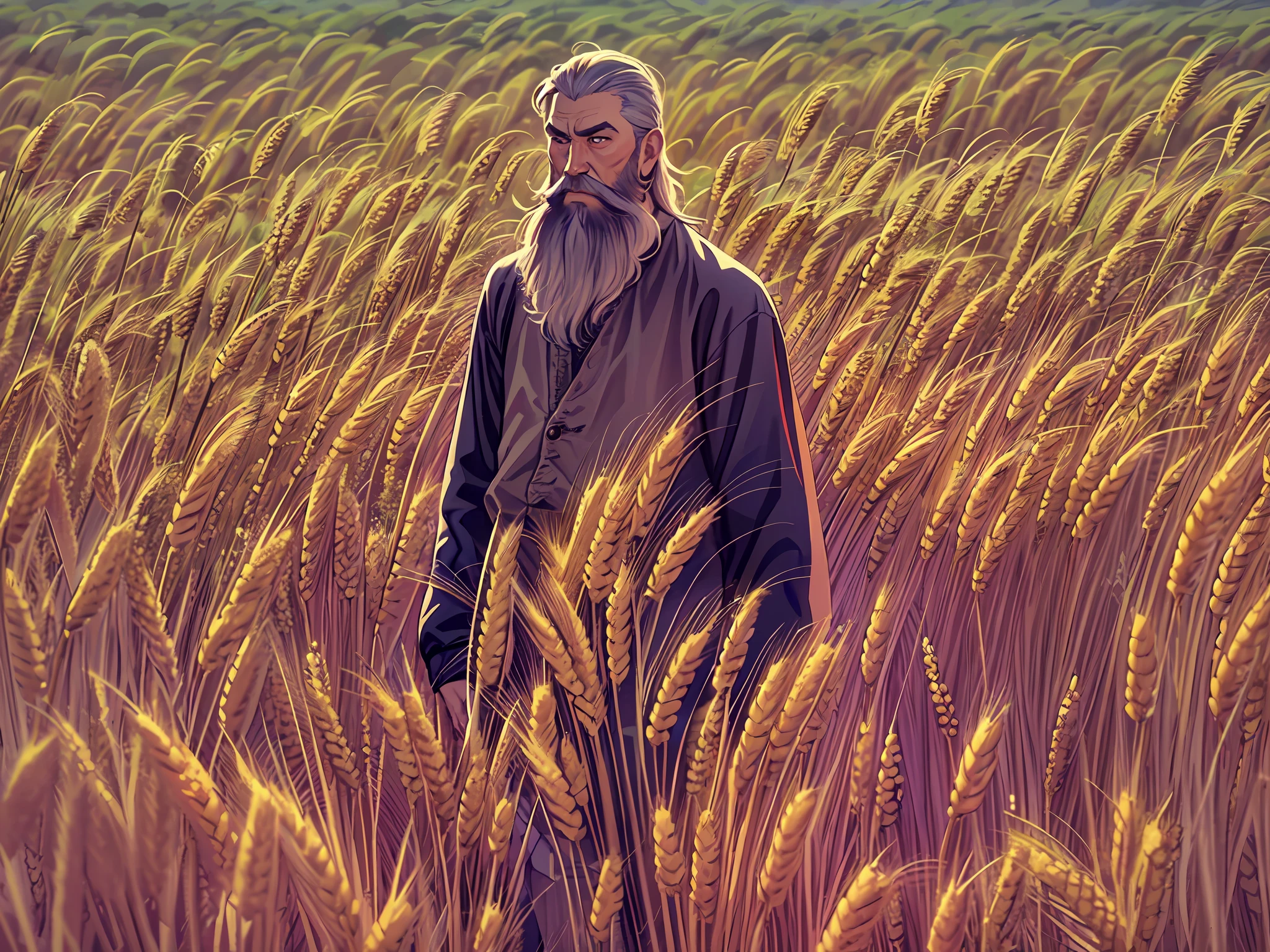 Wheat field, russian peasant witl long beard, standing in a wheat field, Russia, Leo Tolstoy, big clouds, blue sky, rice field, neat rice seedlings in the field, forest, hillside, secluded, rural, HD detail, hyper-detail, cinematic, surrealism, soft light, deep field focus bokeh, ray tracing and surrealism. --v6