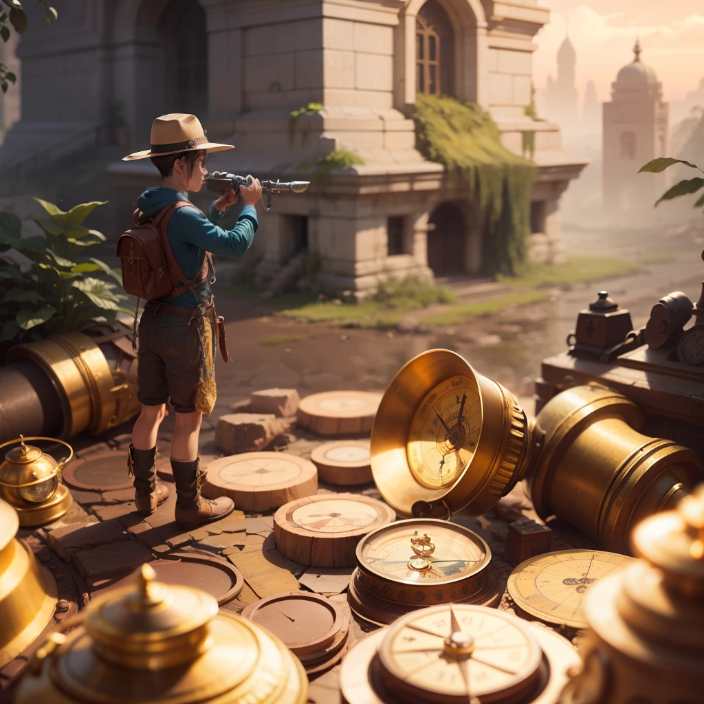 One beautiful boy searching The lost city of gold realstic , clearity 4k, nostalgic, masterpiece, old time building's & artifacts made of gold, close Pictures, compass and poketwatch --auto --s2