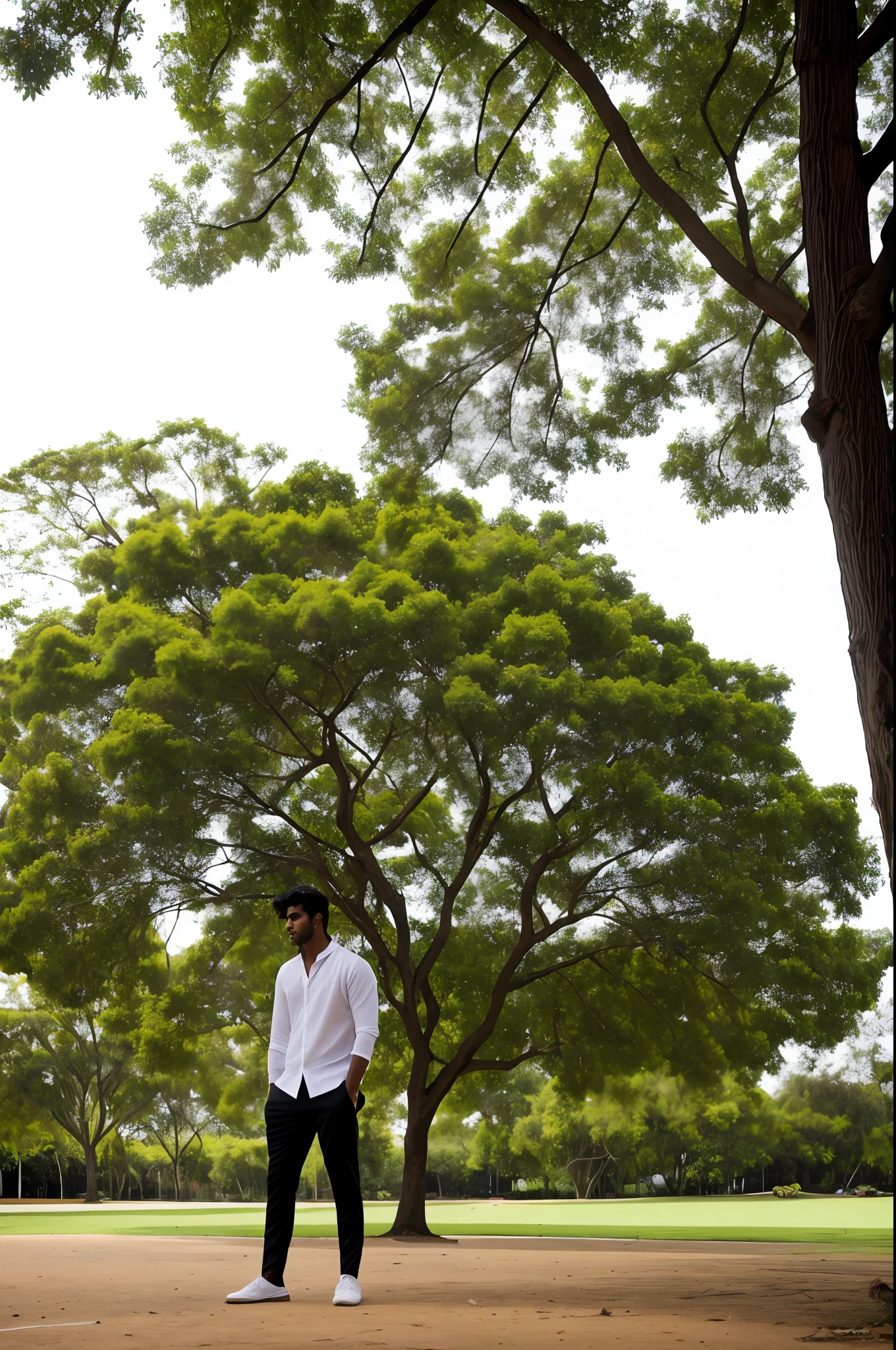 there is a man standing under a tree with a baseball bat, jayison devadas, casual photography, very artistic pose, jayison devadas style, vinayak, cool pose, with a cool pose, amidst nature, wearing white shirt, modeling shoot, stylish pose, white sleeves, 'white background'!!!, riyahd cassiem, portait image