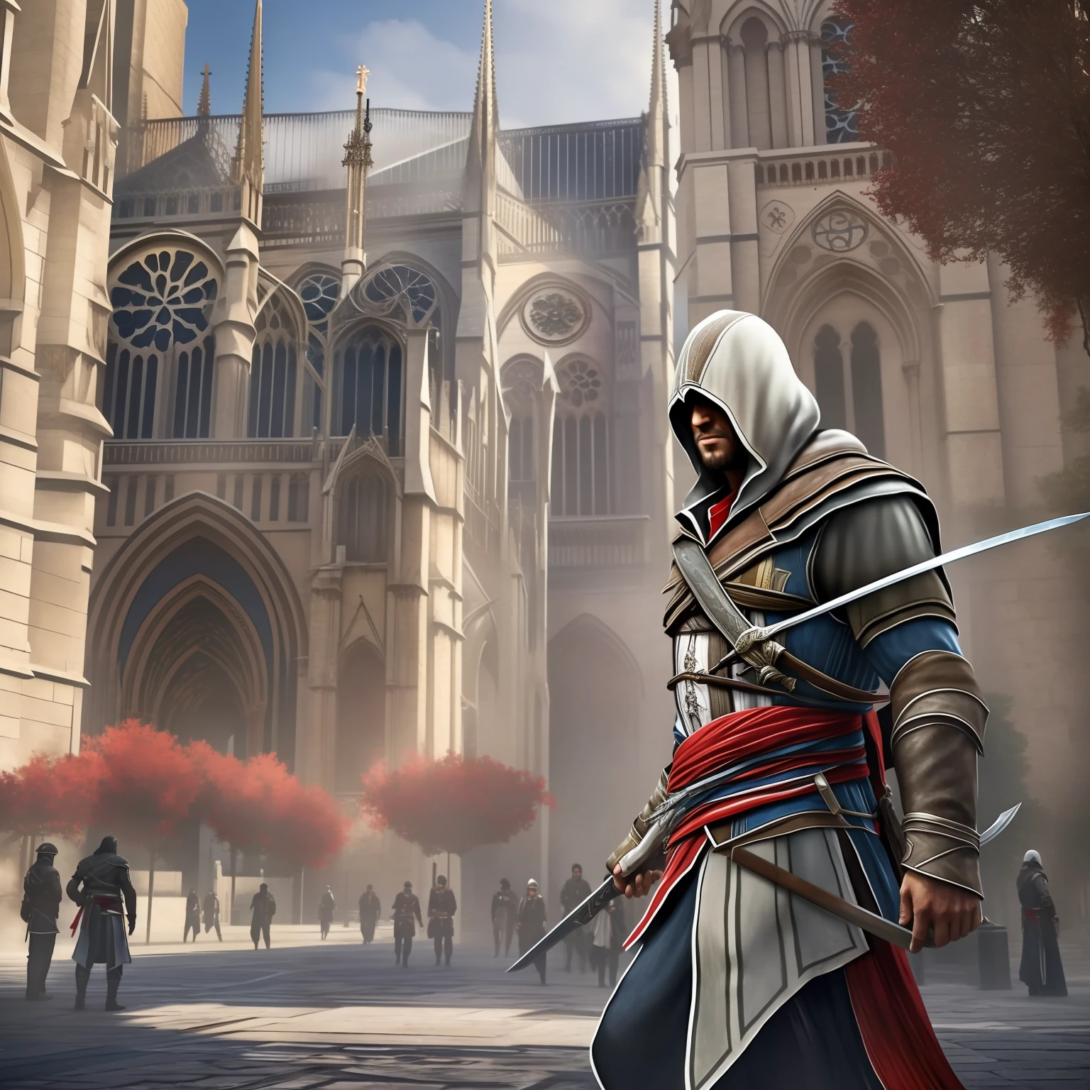 Assassin's Creed Protagonist in France, Notre Dame, with a katana in his right hand.