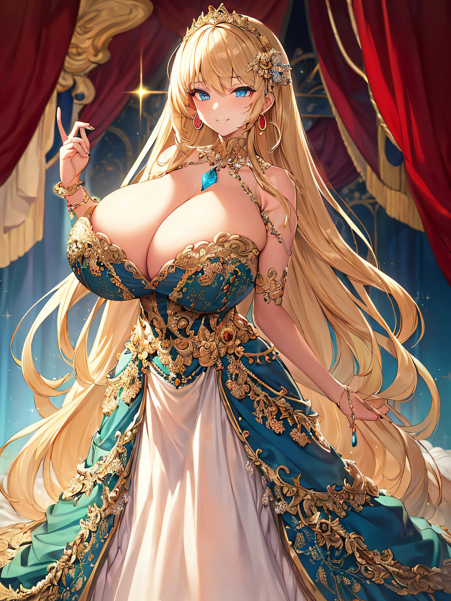 ((anime artstyle)),(Masterpiece),(Best Quality), (Super Detail),((Very Delicate and Beautiful)),((Solo)),(full body),(((1 bling-bling princess in beautiful embroidery and jeweled gorgeous rococo ball gown dress with full length hoop skirt))),((bling-bling)),Long train,(bling-bling gorgeous gemstone jewelry),detailed face and eyes,jewel-like eyes,(seductive smile),((extremely voluminous Very Long Hair,Straight Hair)),((gigantic tits,Long tits)),cleavage,(gorgeousfull embroidery and lace),gorgeous corsage,See-through,extremely gorgeousfull hair ornament,bling-bling extremely gorgeousfull jeweled tiara,ornate ruffles,(hoop skirt,crinoline),((Dynamic Angle)),Looking at viewer,((beautiful embroidery and jeweled extremely gorgeous rococo ball gown dress with full length hoop skirt))