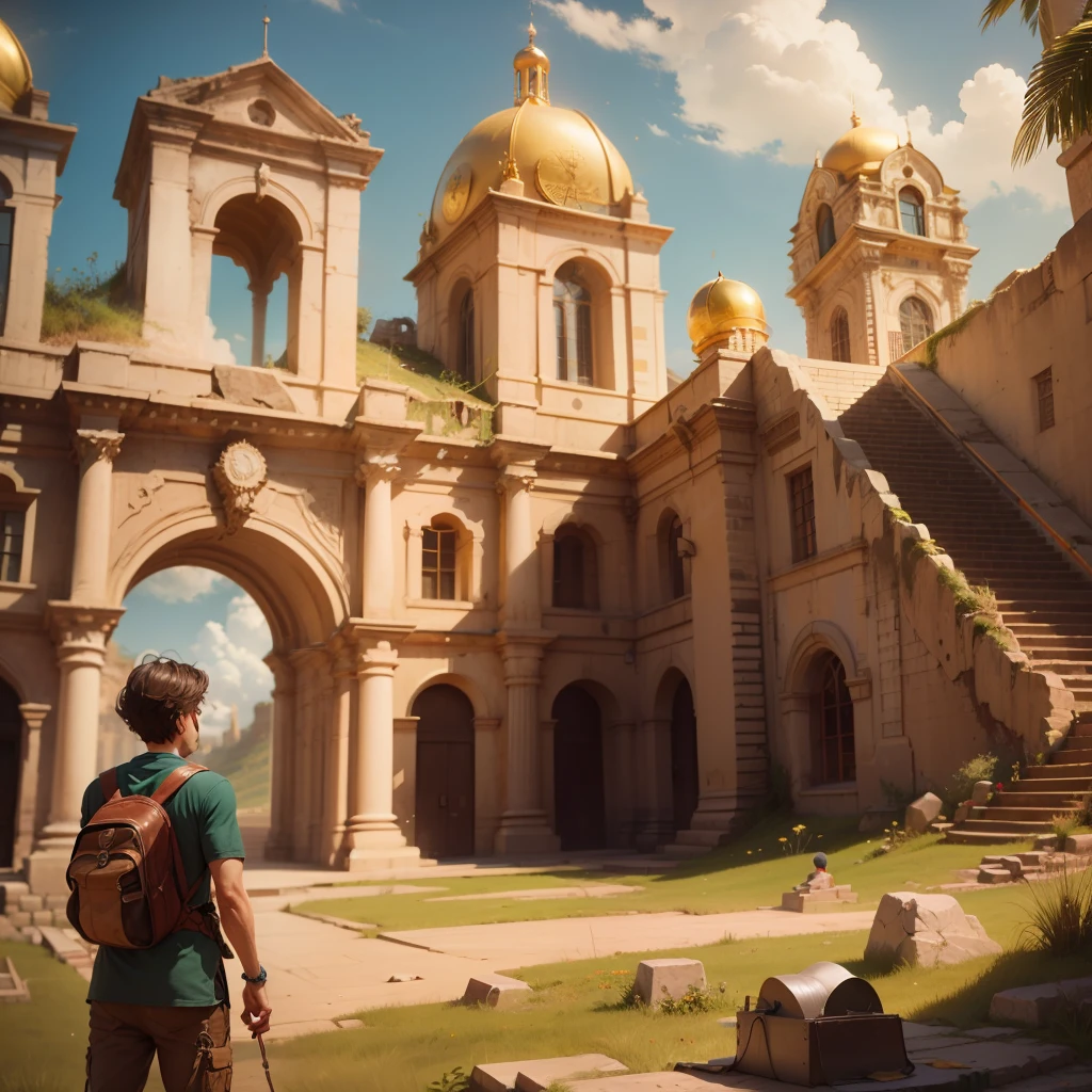 One beautiful boy searching The lost city of gold realstic , clearity 4k, nostalgic, masterpiece, old time building's & artifacts made of gold, close Pictures, compass and poketwatch --auto --s2