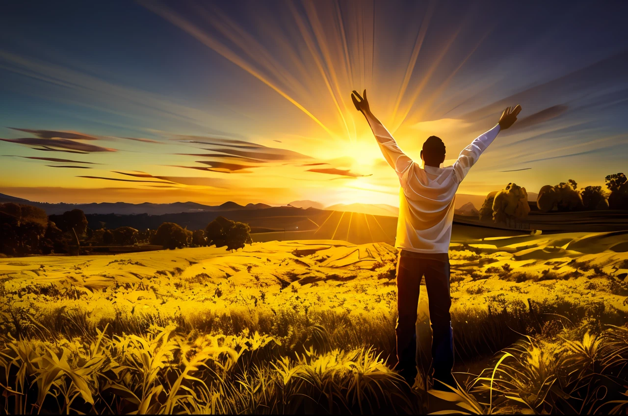 Arafed man standing in a field with his arms raised in the air, louvando o sol, feeling calm, foto tirada, Shutterstock, standing triumphant and proud, atmosfera calorosa e alegre, standing in grassy field, stands in center with open arms, his arms spread. pronto para voar, radiant morning light, foto - shot, background is celestial, arms stretched out