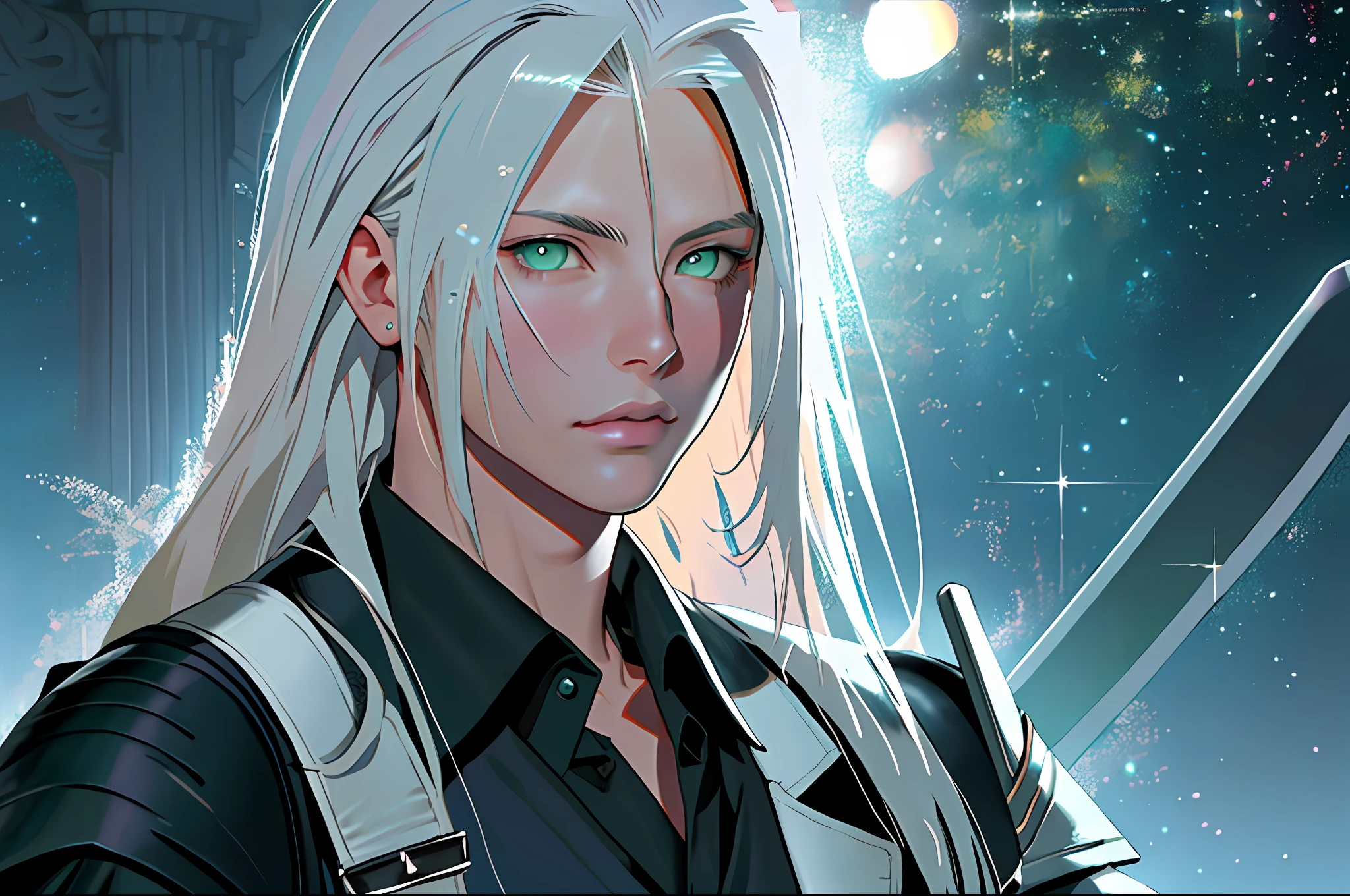 masterpiece, highest quality, (perfect face:1.1), (high detail:1.1), (((sephiroth))), (final fantasy), angel with voluminous white hair, soft hair, neon green eyes, solo ,1guy, young boy, 12 years old, long hair, black elegant suit, shoulder-length hair, Rose Garden detailed background, realistic, covered navel, pouty lips, curvy guy, perfectly drawn face, cynical stare, cinematic lighting, balenciaga, glitter