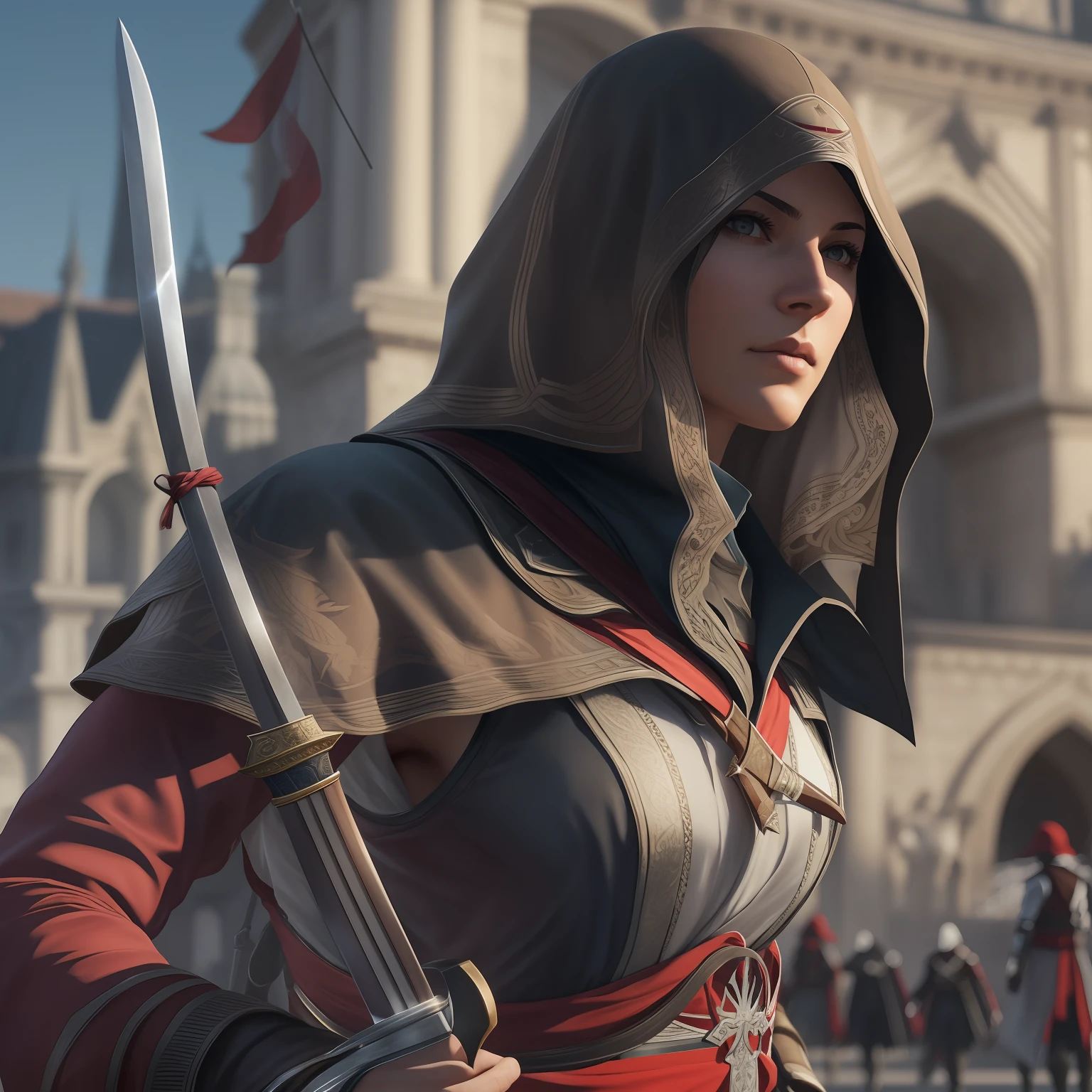 Assassin's Creed protagonist in France, Our Lady, with a katana in her right hand. Super realistic, 8k quality