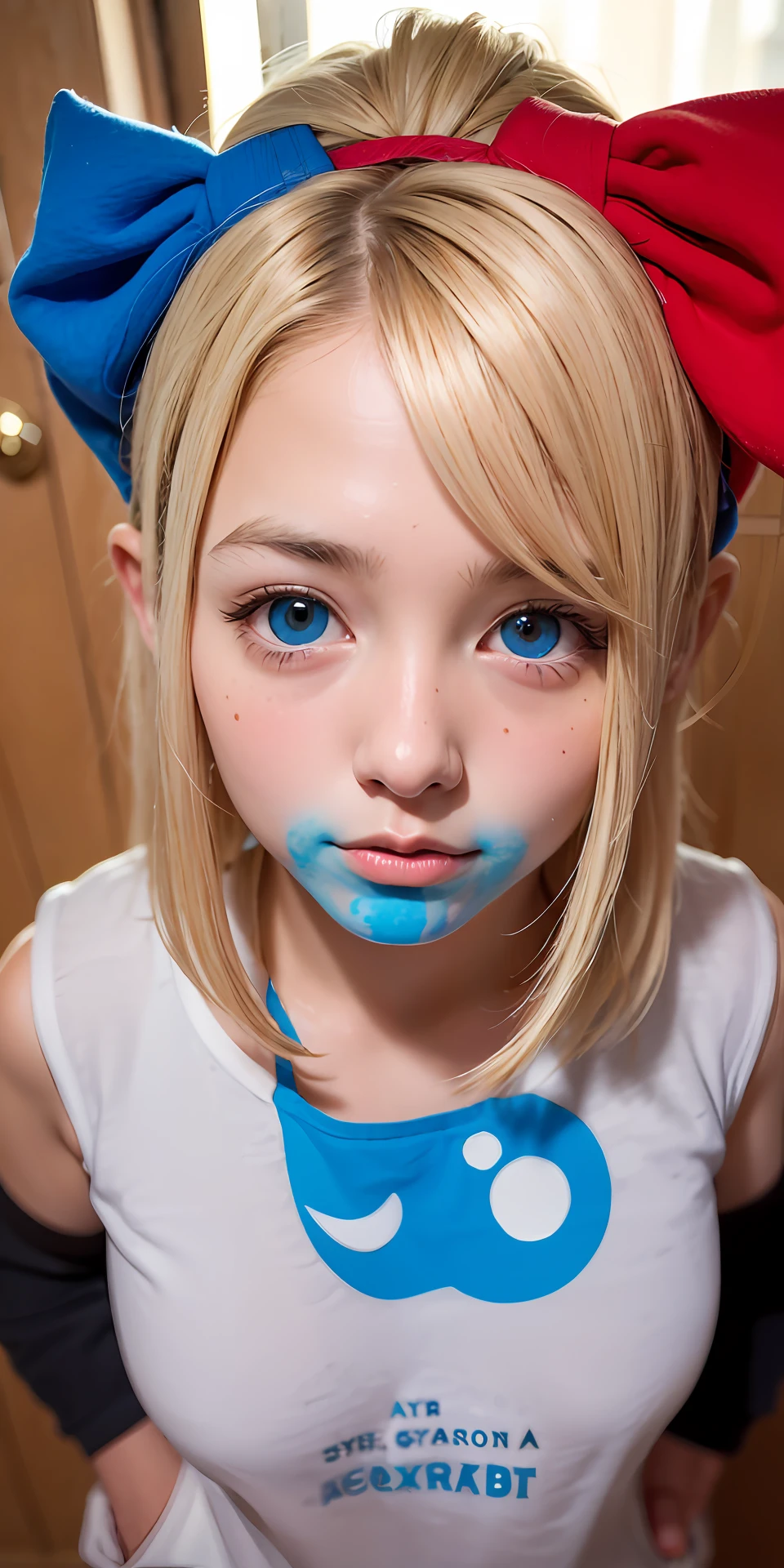 The cute blonde girl is heterochromatic pupils with blue on the left side of the eye and red on the right