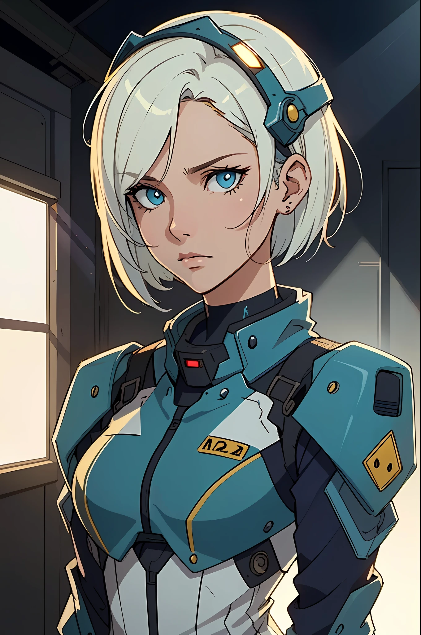 A short-haired beautiful woman dressed in a sci-fi style military uniform, wearing a metal headpiece, with a cold and expressionless gaze, The design is primarily white, with blue and yellow as accent colors, This is a future sci-fi military officer design in the style of Japanese anime, with detailed character design and a mature artistic style, ((character concept art)), full body character drawing, high definition, best quality, ultra-detailed, extremely delicate, anatomically correct, symmetrical face, extremely detailed eyes and face, high quality eyes, creativity, RAW photo, UHD, 8k, (Natural light, professional lighting:1.2, cinematic lighting:1.5), (masterpiece:1.5)