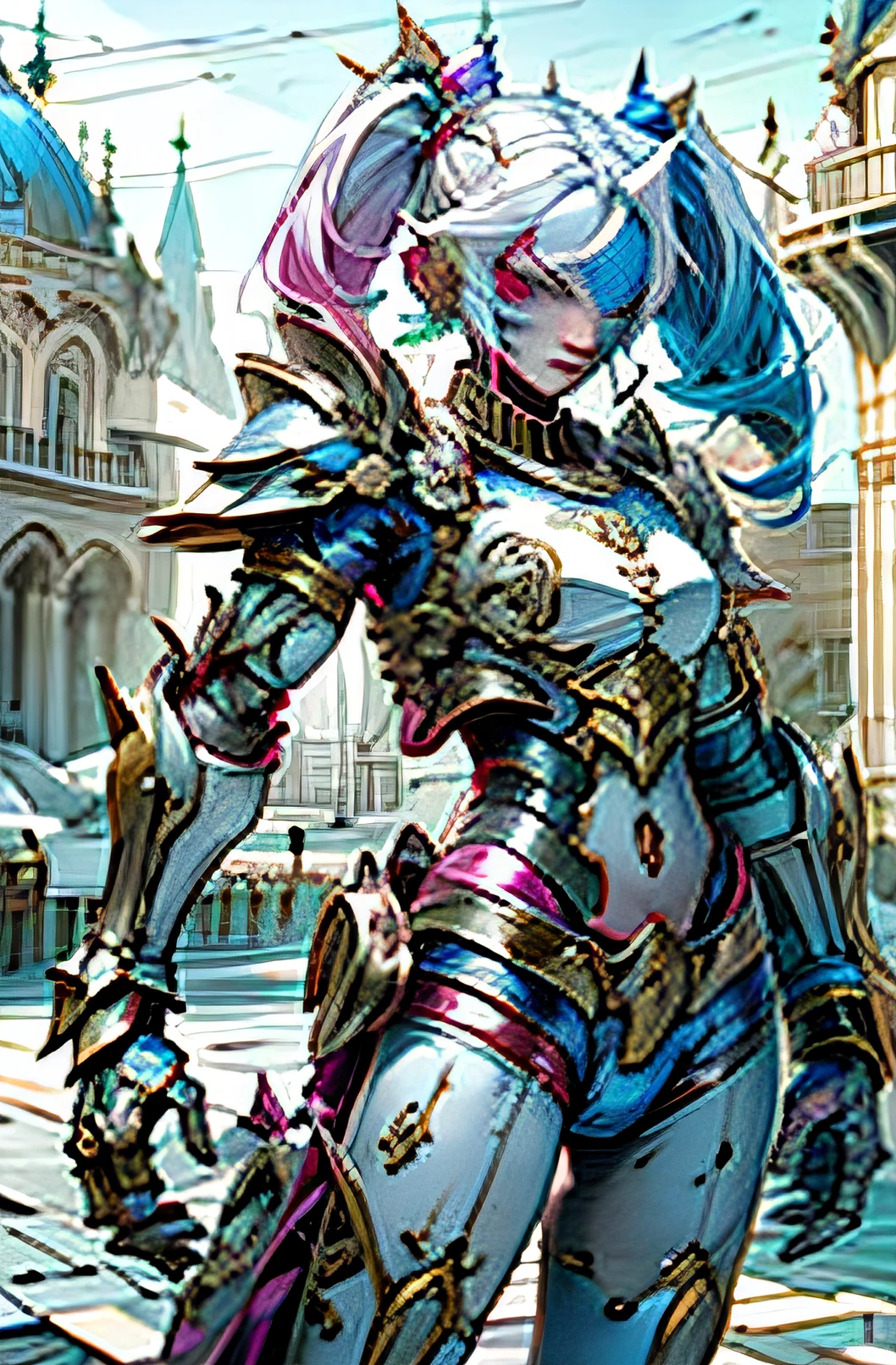 Harley Quinn with steel armor, rosto a mostra, Rosto detalhado, 4K, maquiagem forte, cabelo loiro com machas azul e rosa, armadura com cores rosa azul e branco, Robotic armor, tecnologia na armadura, Corpo inteiro, Botas vermelhas, ao fundo cidade ciberpunk