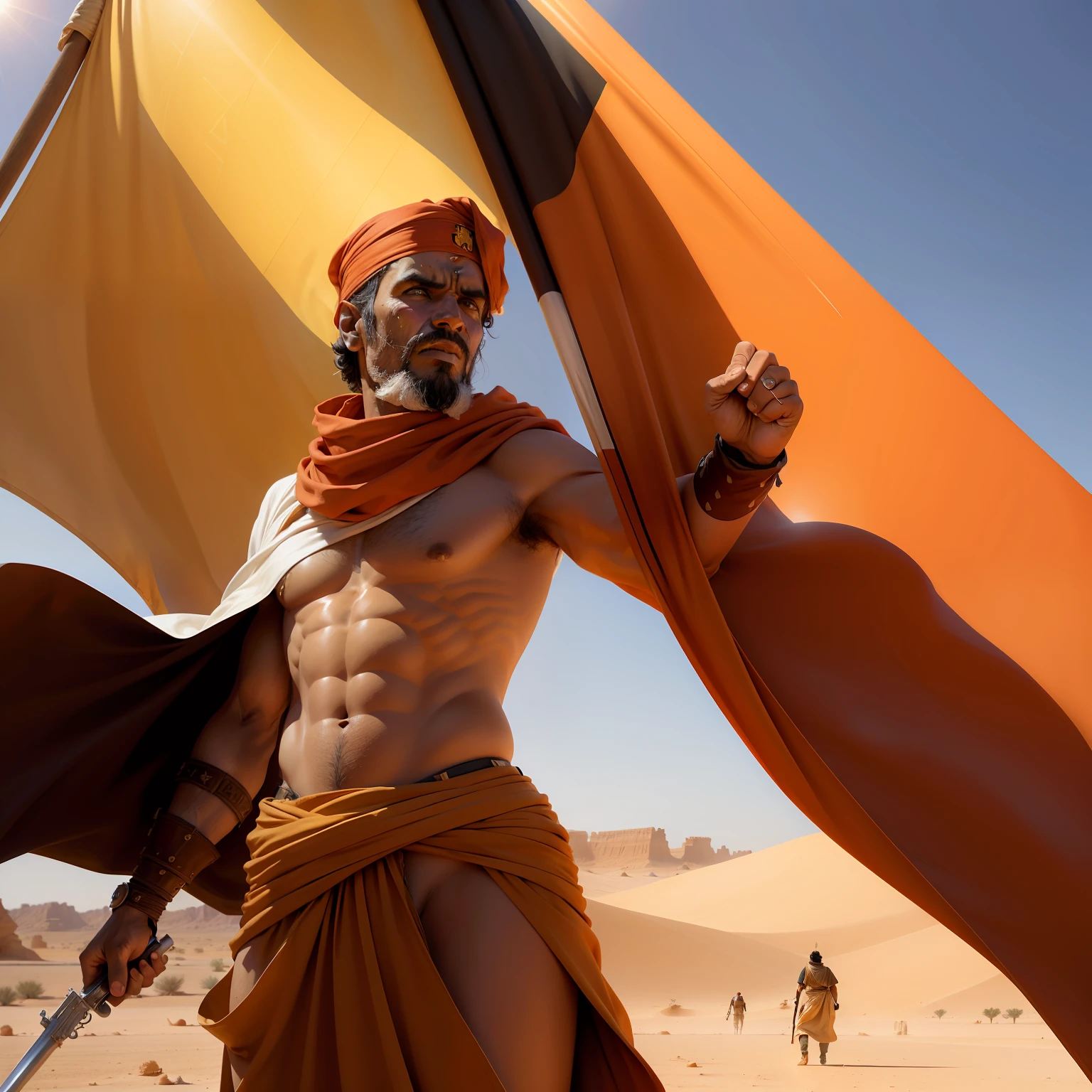 desert, Scorching sun, Orange sand, Warrior, Flag of Libya, Jihad Omar Mukhtar