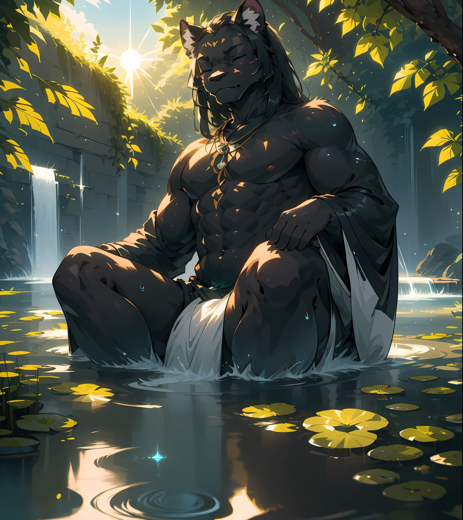 (masterpiece), (best quality), 8k, uhd, insane detail, (all black fur), long black hair, (eyes closed meditating), beautiful eyelashes,, furry, anthro, muscular panther male, meditating in a lotus pond, sun glare, from underneath, slight bulge, wearing Japanese inspired clothing, Sparkles and Twinkles, Flowing water, Japanese, EasyPositive